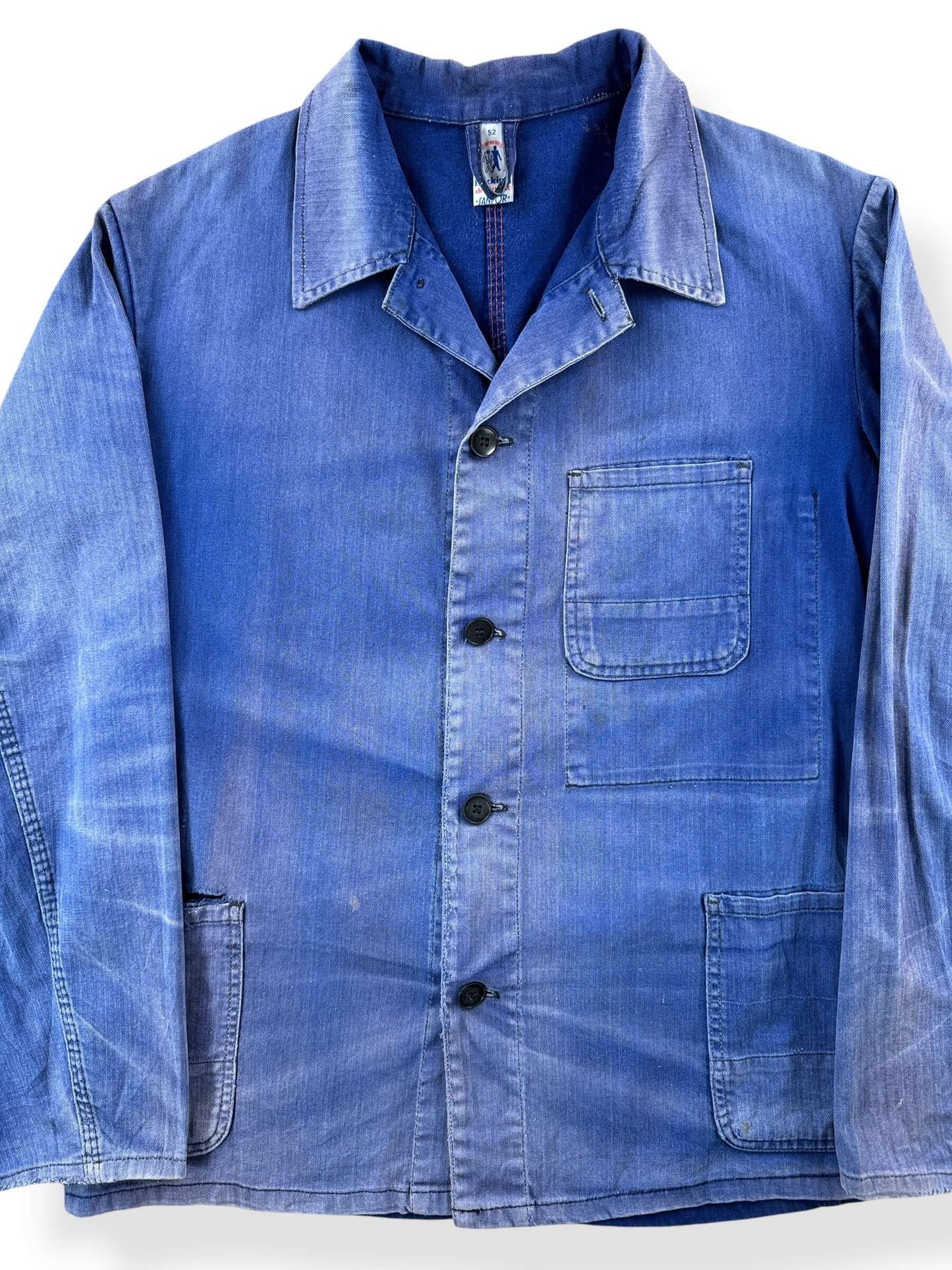 Front Close Up of Vintage Perfect Sunfade HBT French Chore Coat SZ L