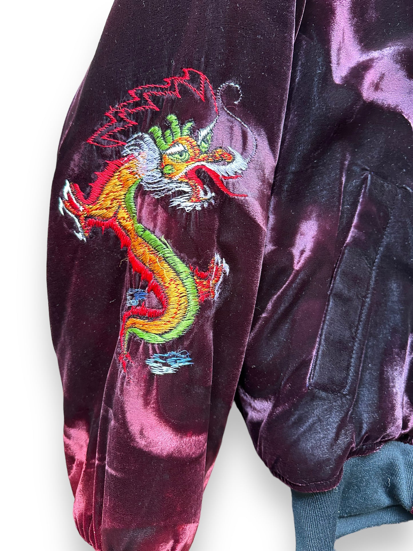Right Sleeve Dragon View of Vintage Purple Velvet Korea Souvenir Jacket SZ XL | Vintage Souvenir Jacket Seattle | Barn Owl Vintage Seattle