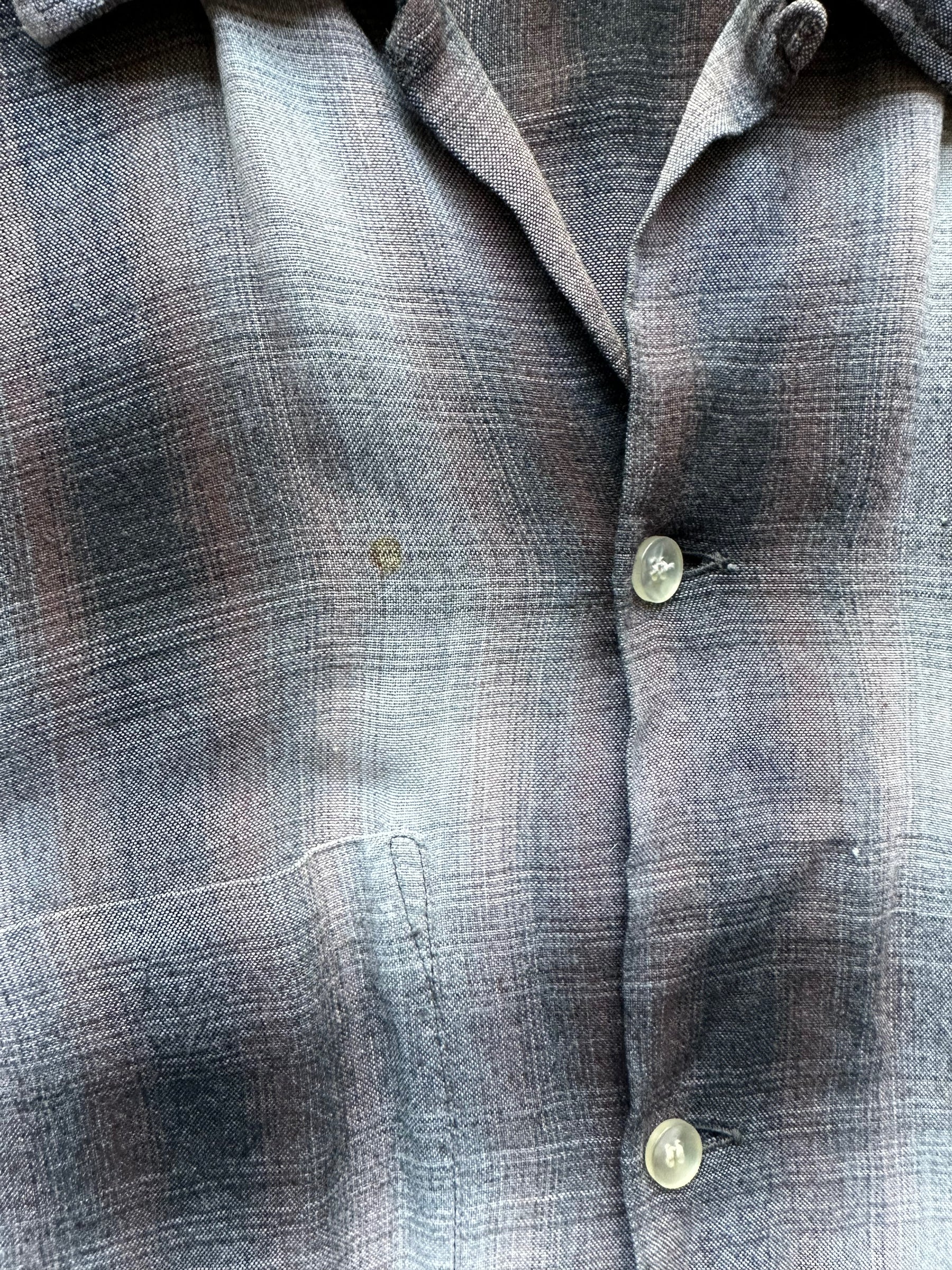 Slight Stain on Front of Vintage Arrow Chevella Shadow Plaid Rayon Shirt SZ L | Vintage Rayon Shirt Seattle | Barn Owl Vintage Seattle