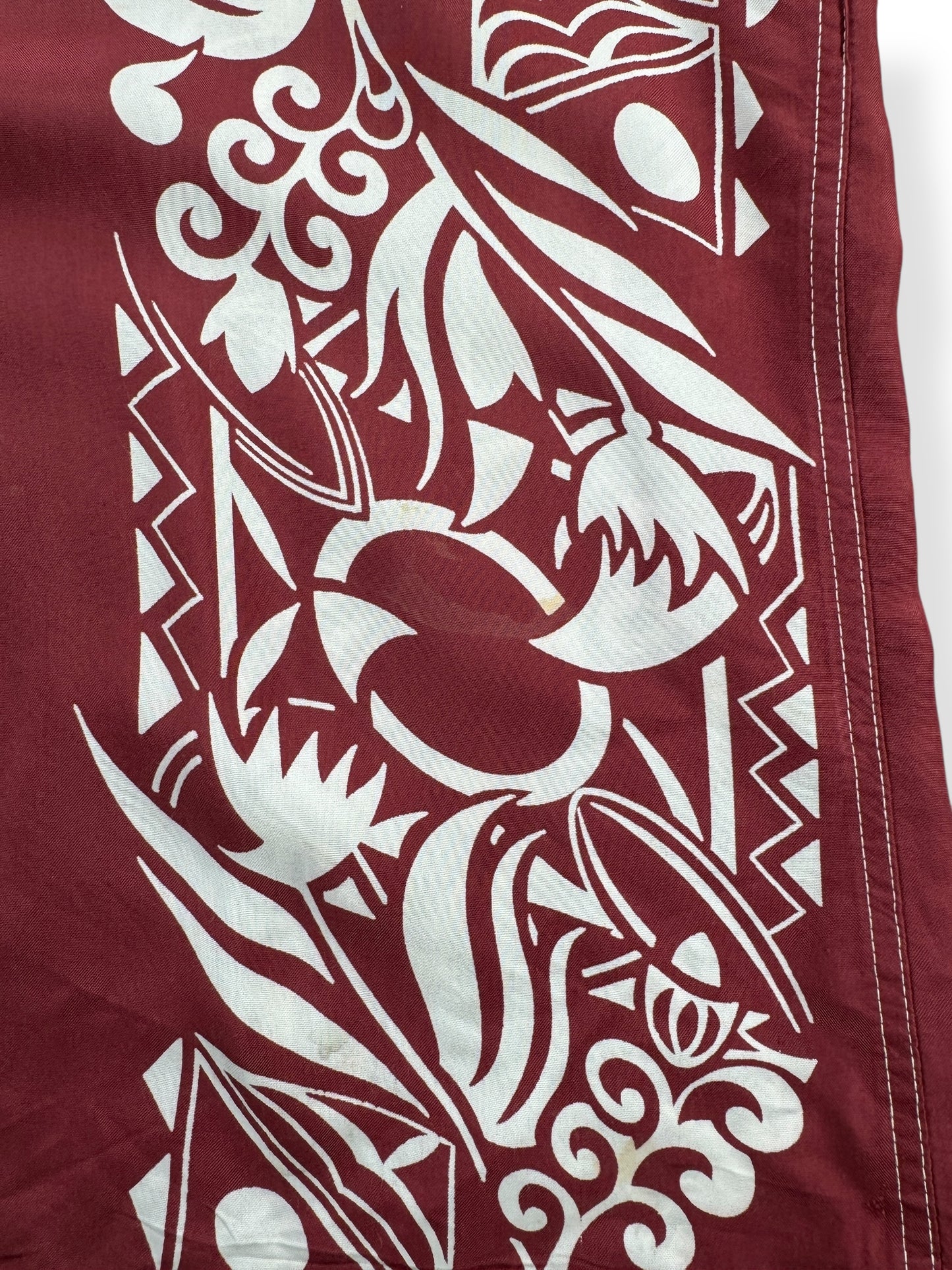 Stain on Vintage Made in California Border Print Aloha Shirt SZ L AS IS