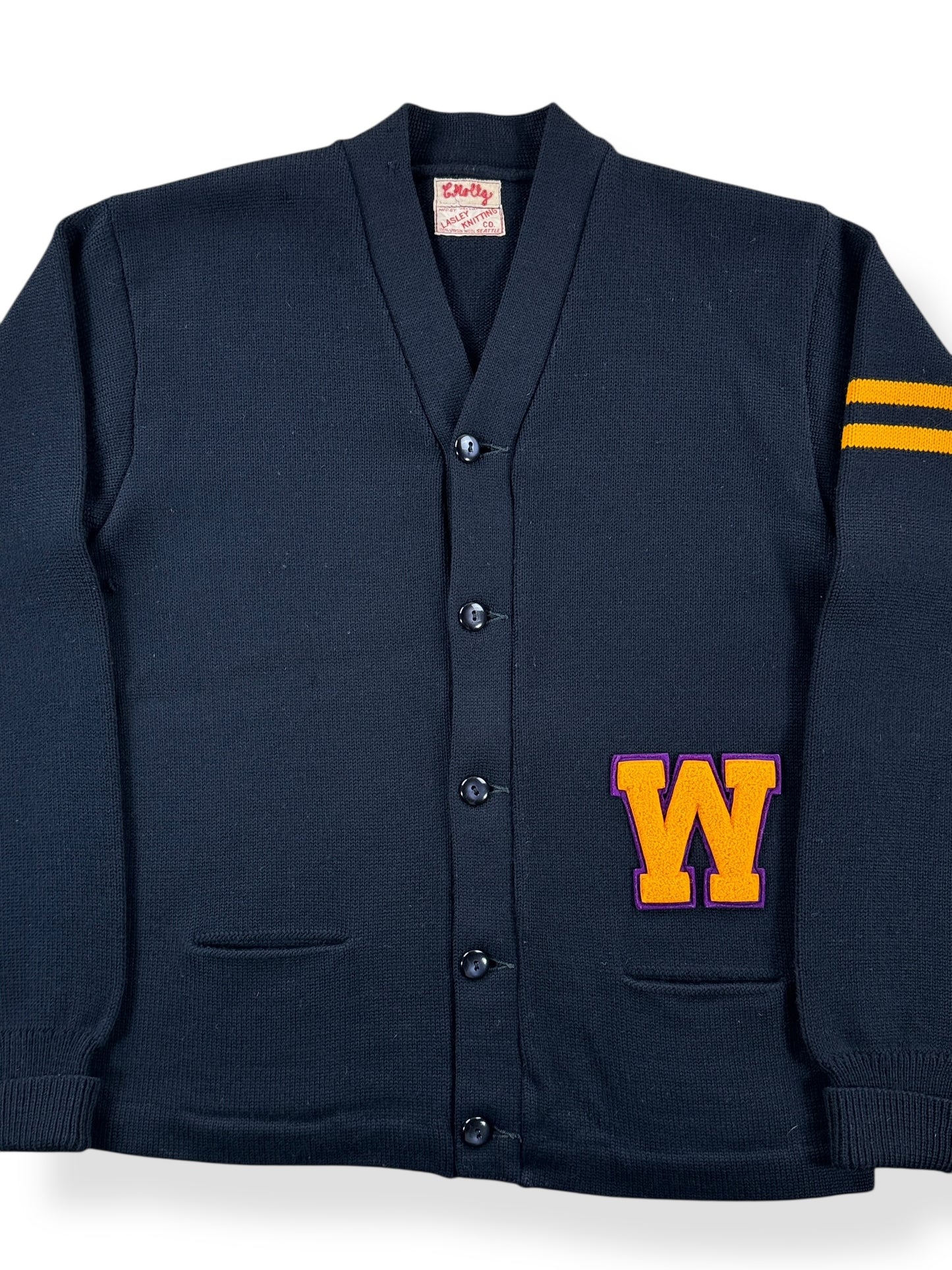 Front Close Up of Vintage UW Lasley Woolen Mills Chuck Holtz Cardigan SZ L