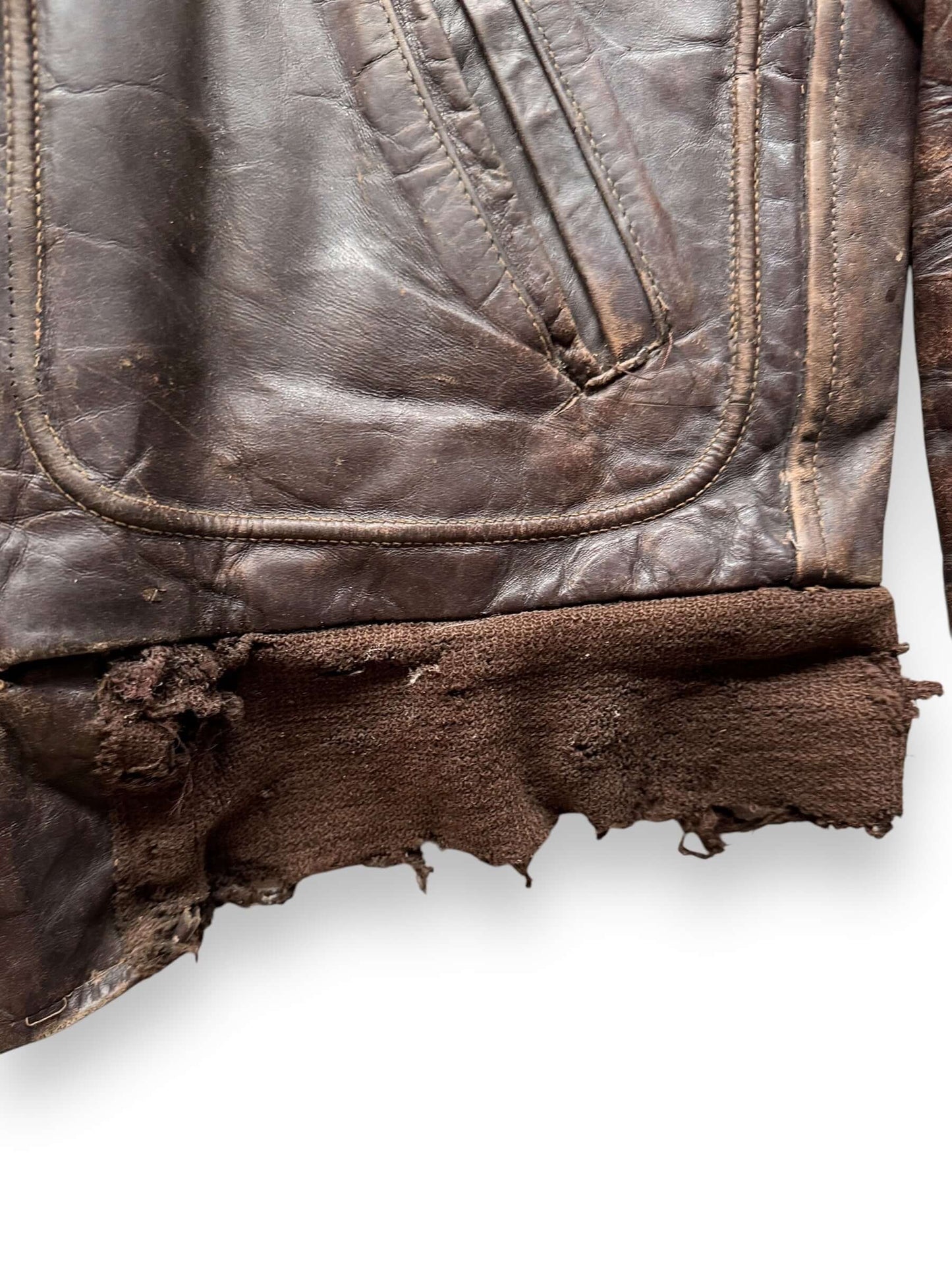 thrashed waistband on Vintage Thrashed Hercules Horsehide Leather Jacket SZ M