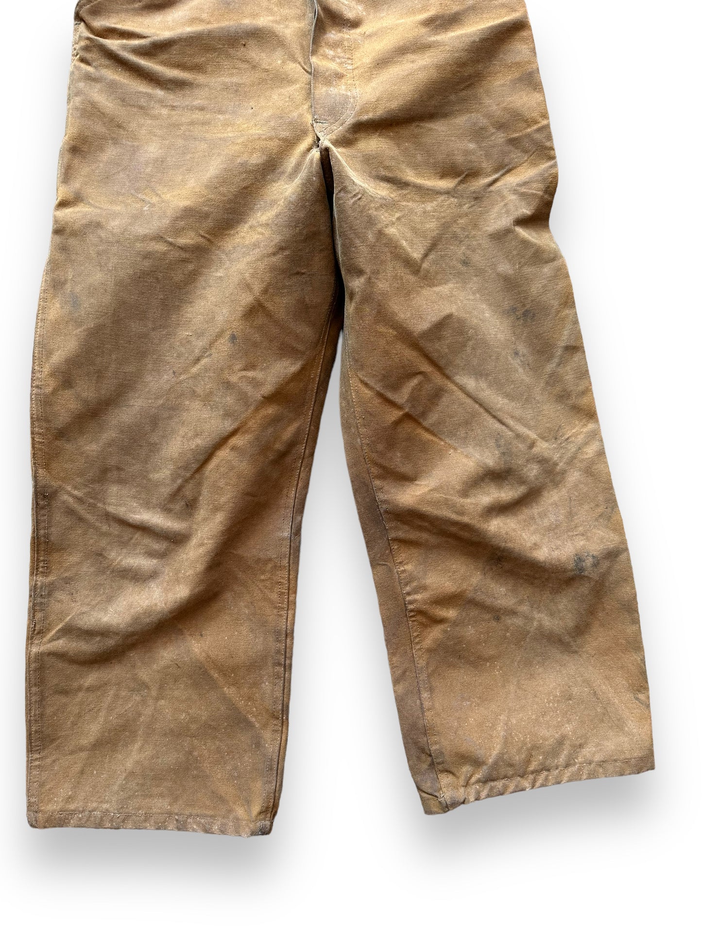 Lower Front View of Vintage Black Bear Oil Cloth Trousers W33 | Black Bear Brand Workwear | Seattle Vintage Workwear