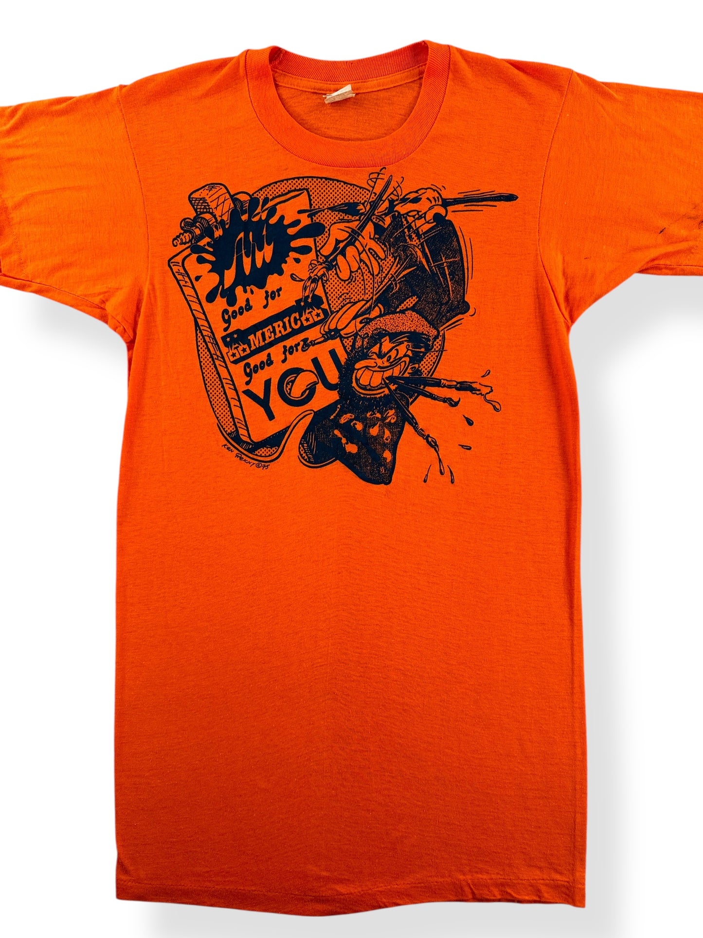 Front Close Up of Vintage 1975 Orange Art Tee SZ XS