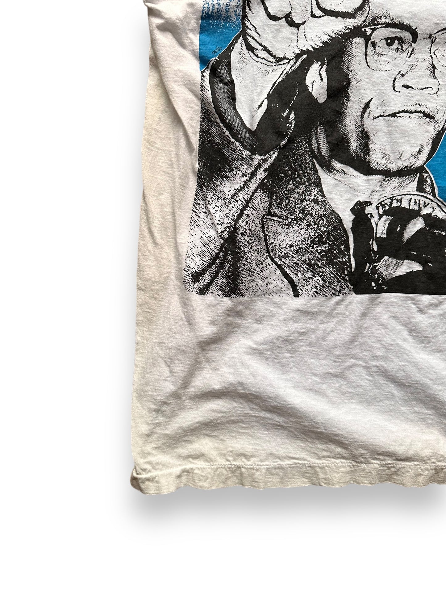 Lower Left Front View of Vintage 1991 Malcolm X Single Stitch Tee SZ M | Vintage Malcolm X T-Shirts Seattle | Barn Owl Vintage Clothing Seattle