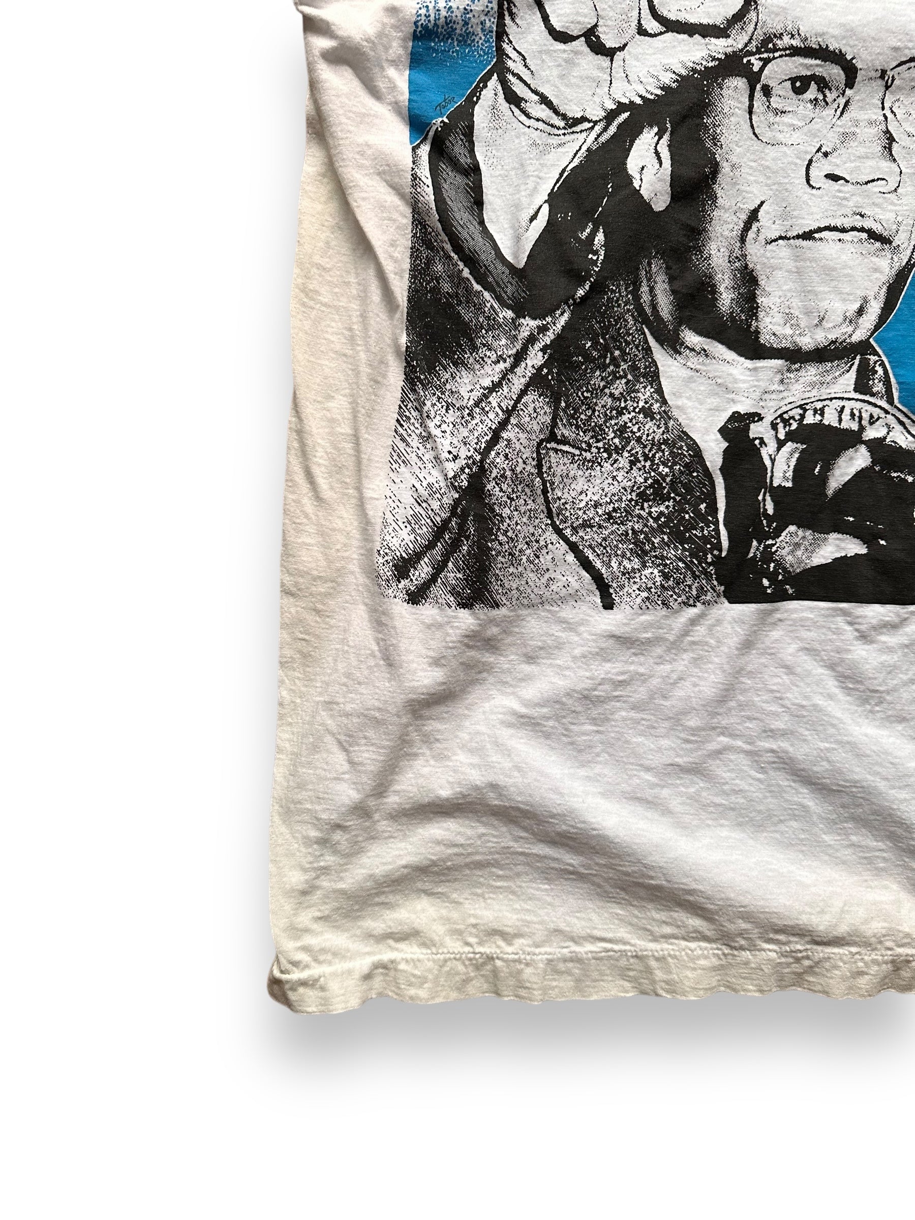 Lower Left Front View of Vintage 1991 Malcolm X Single Stitch Tee SZ M | Vintage Malcolm X T-Shirts Seattle | Barn Owl Vintage Clothing Seattle