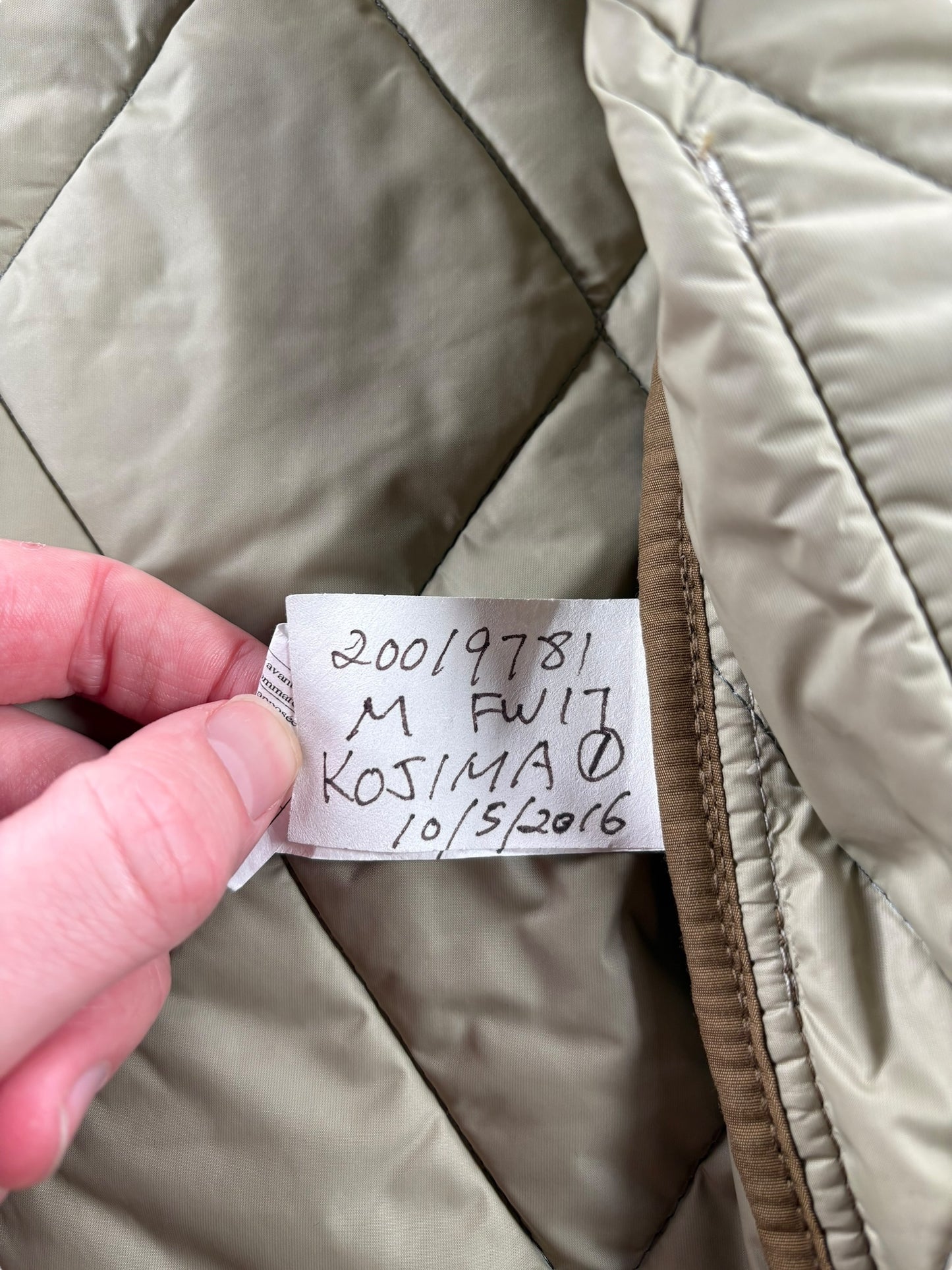 Sample Tag on Modern Filson Quilted Pack Bomber SZ M