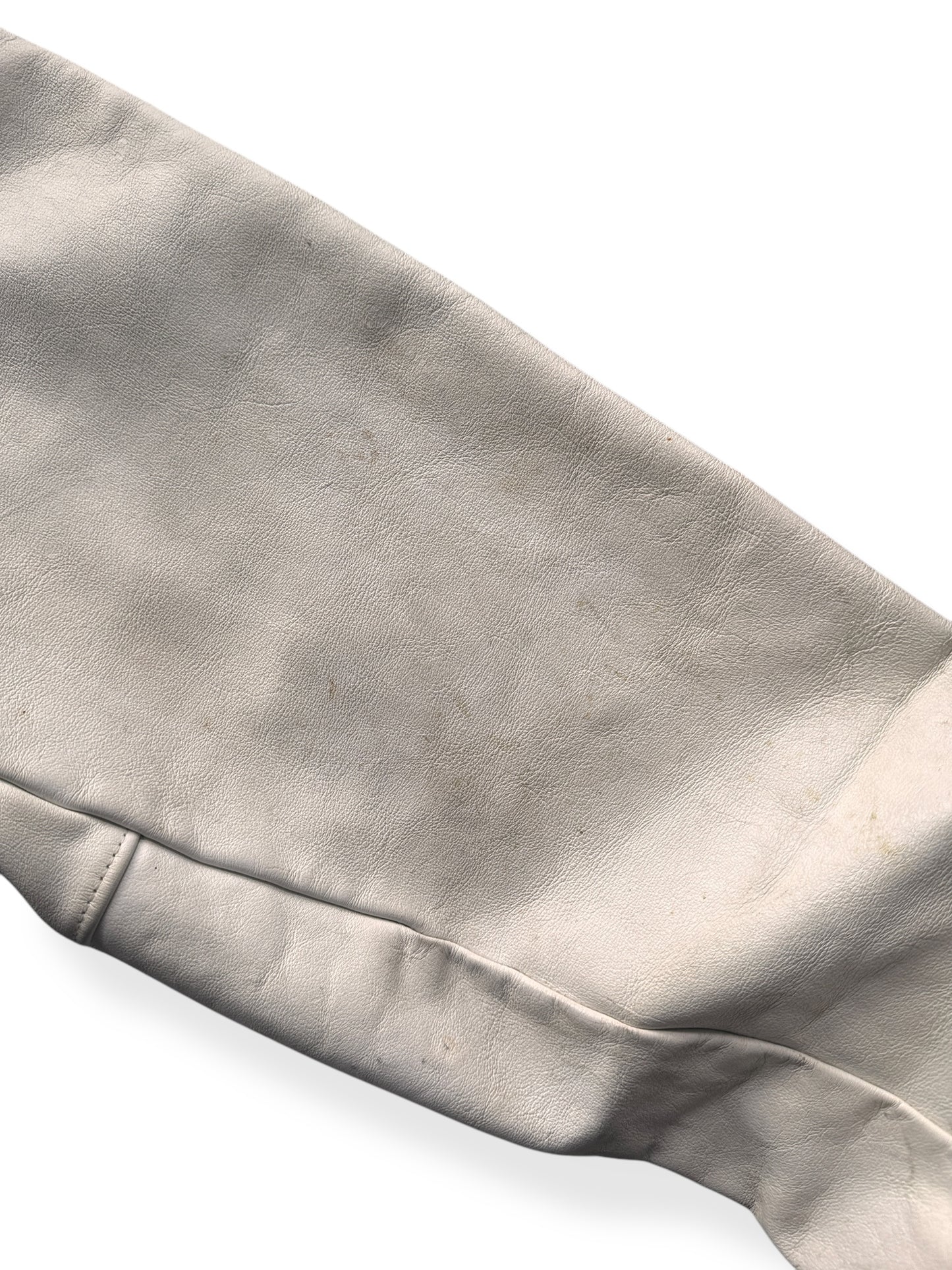 Close Up of Stains on Left Sleeve of Vintage 1987 Woodway Varsity Jacket SZ XL