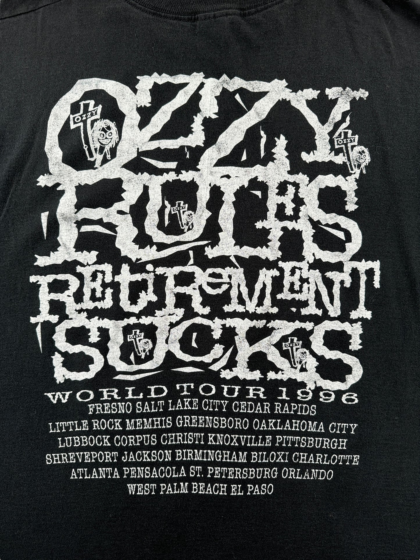 Back Graphic of Vintage Ozzy Retirement Sucks 1996 Tour Tee SZ XL