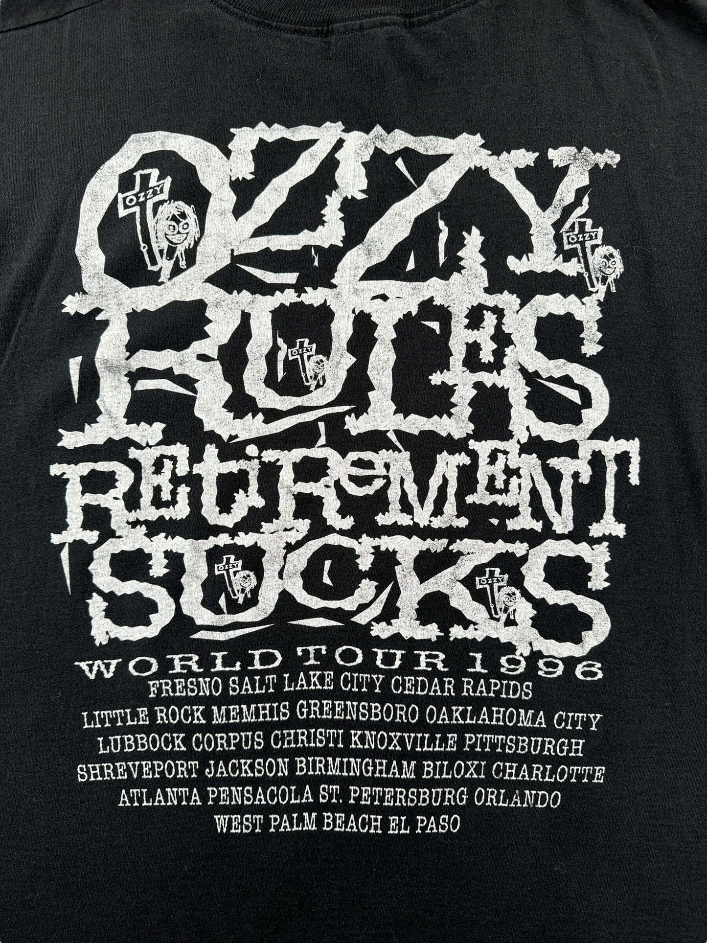 Back Graphic of Vintage Ozzy Retirement Sucks 1996 Tour Tee SZ XL