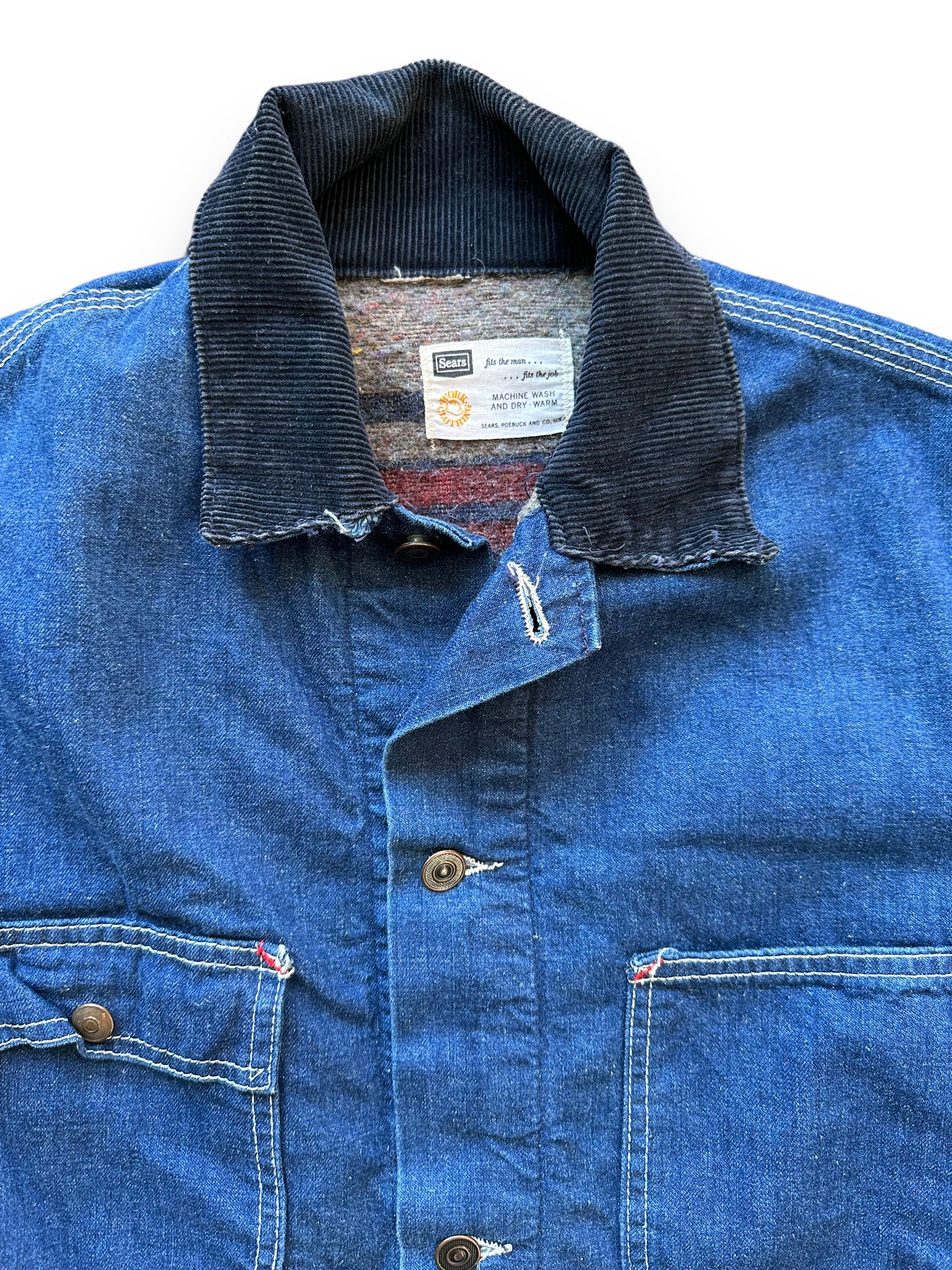 Tag View of Vintage Sears Blanket Lined Denim Chore Coat SZ L | Vintage Denim Chore Coat | Barn Owl Vintage Seattle