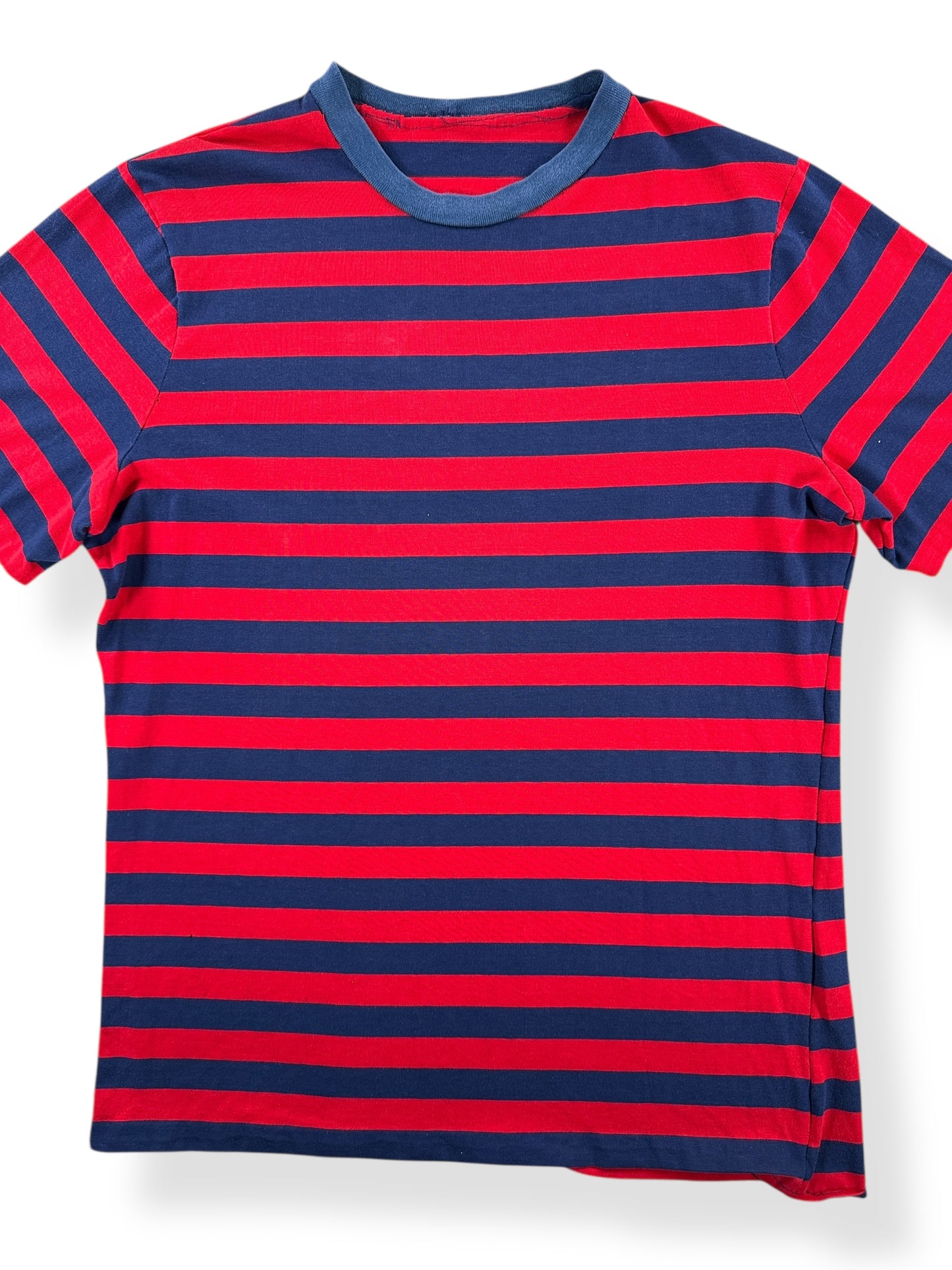 Front Close Up of Vintage 60s Era Blue and Red Striped Tee SZ L