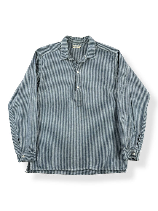 Front of Modern Repro Heller's Cafe Hickory Stripe Pullover Shirt SZ 38