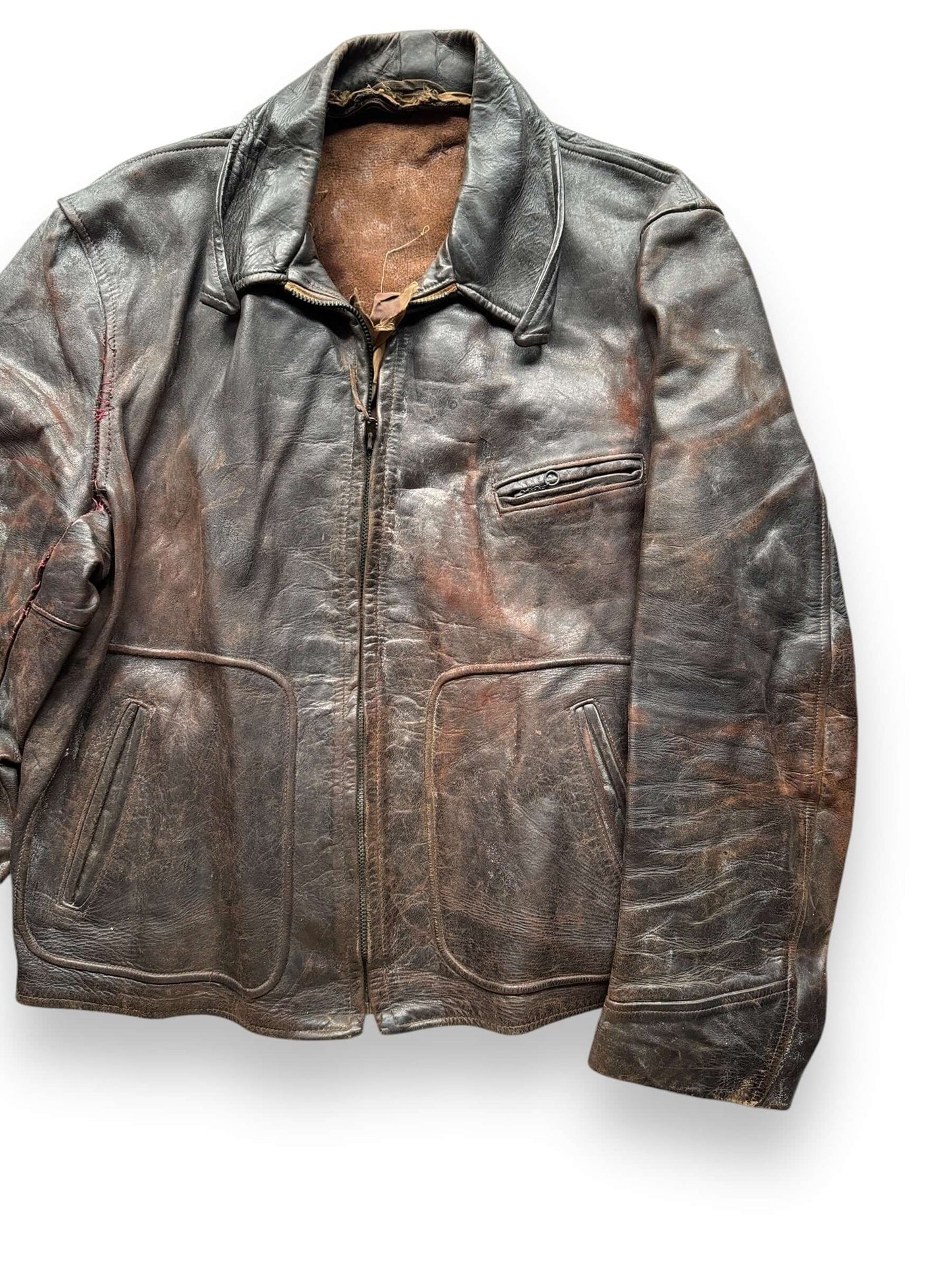 front left of Vintage Thrashed Sportclad Genuine Horsehide Leather Jacket SZ L