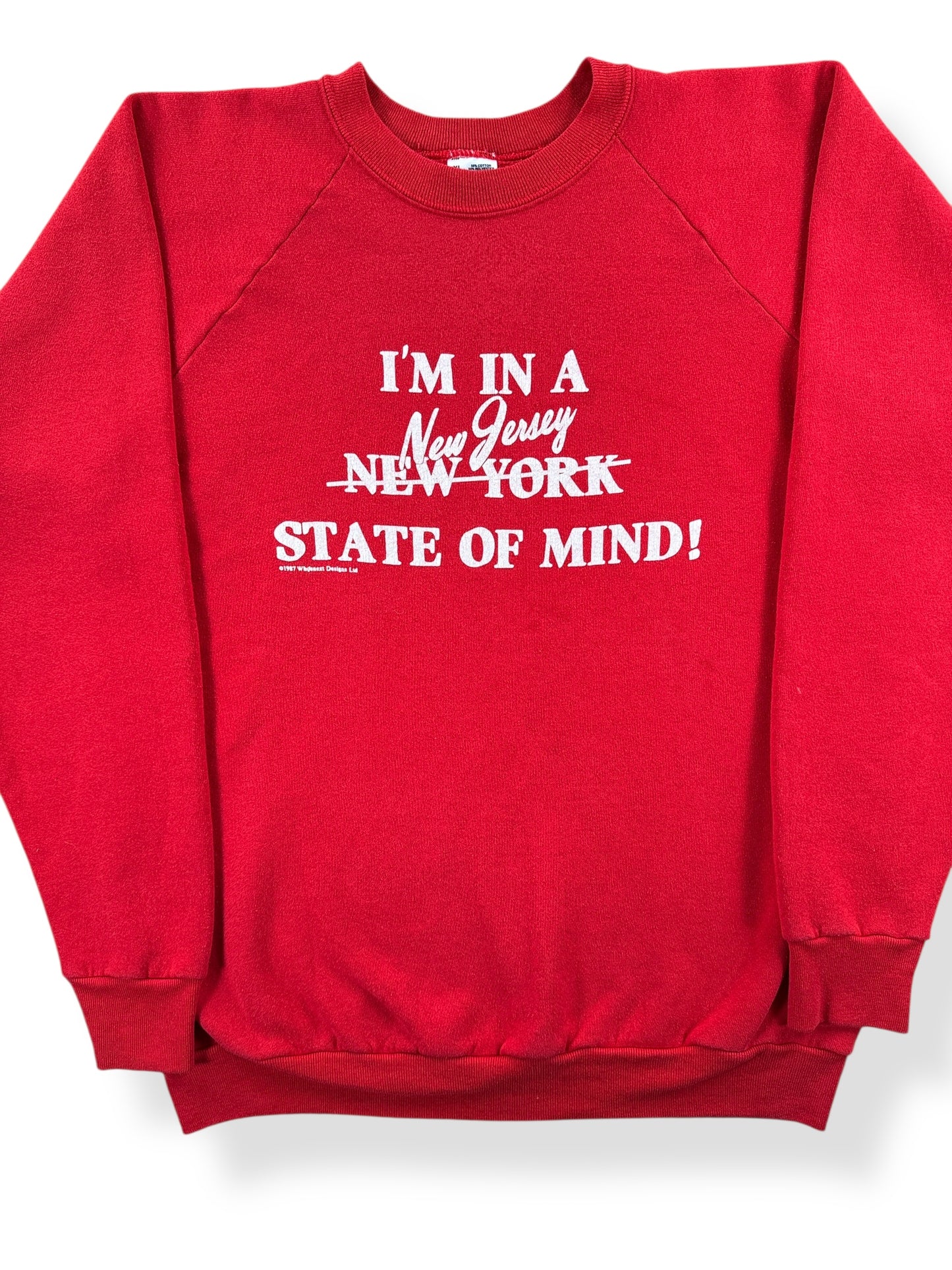 Front Close Up of Vintage New Jersey State of Mind Red Crewneck SZ L