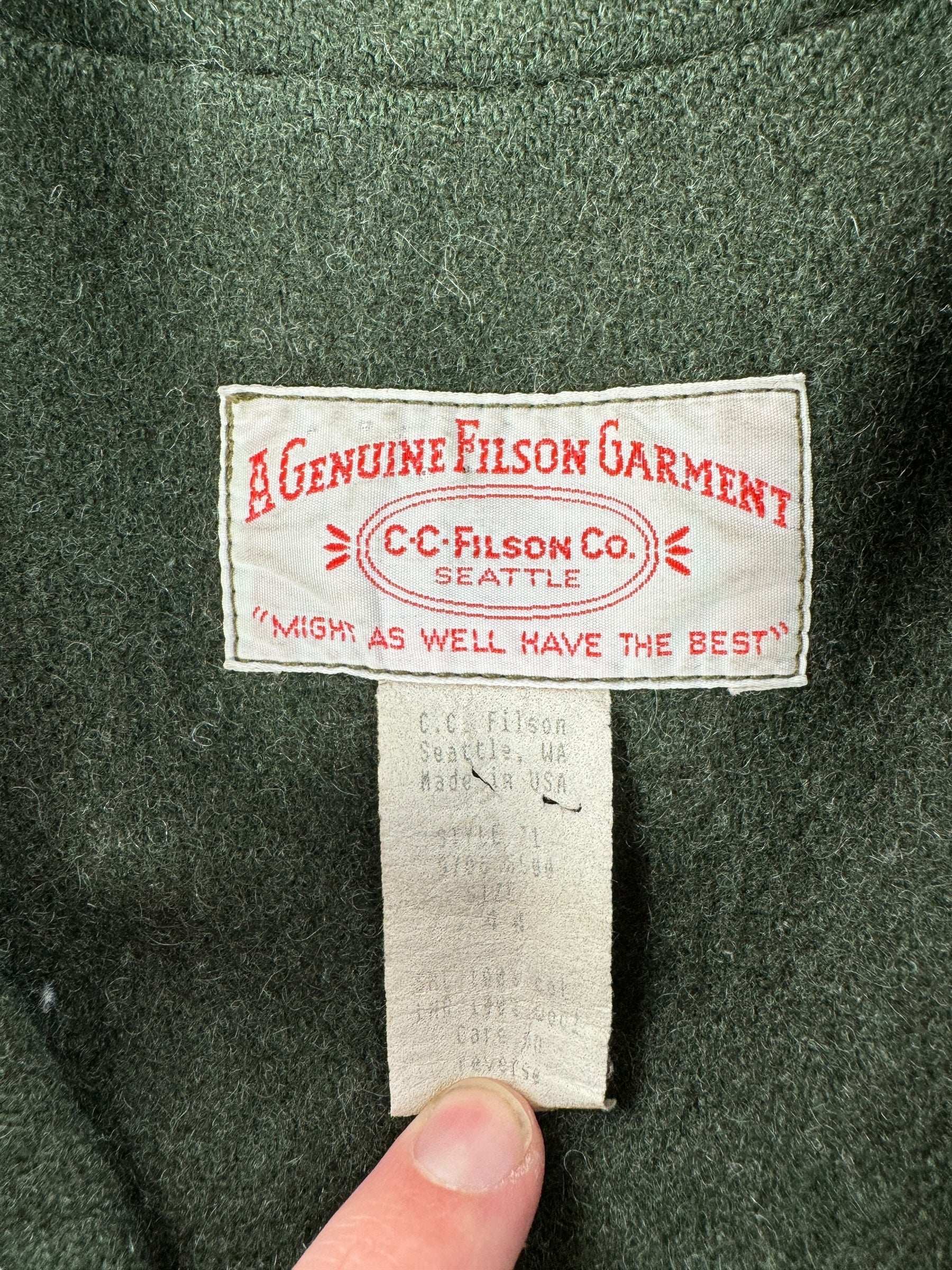 Label on Vintage Filson Dry Tin Jacket SZ 44
