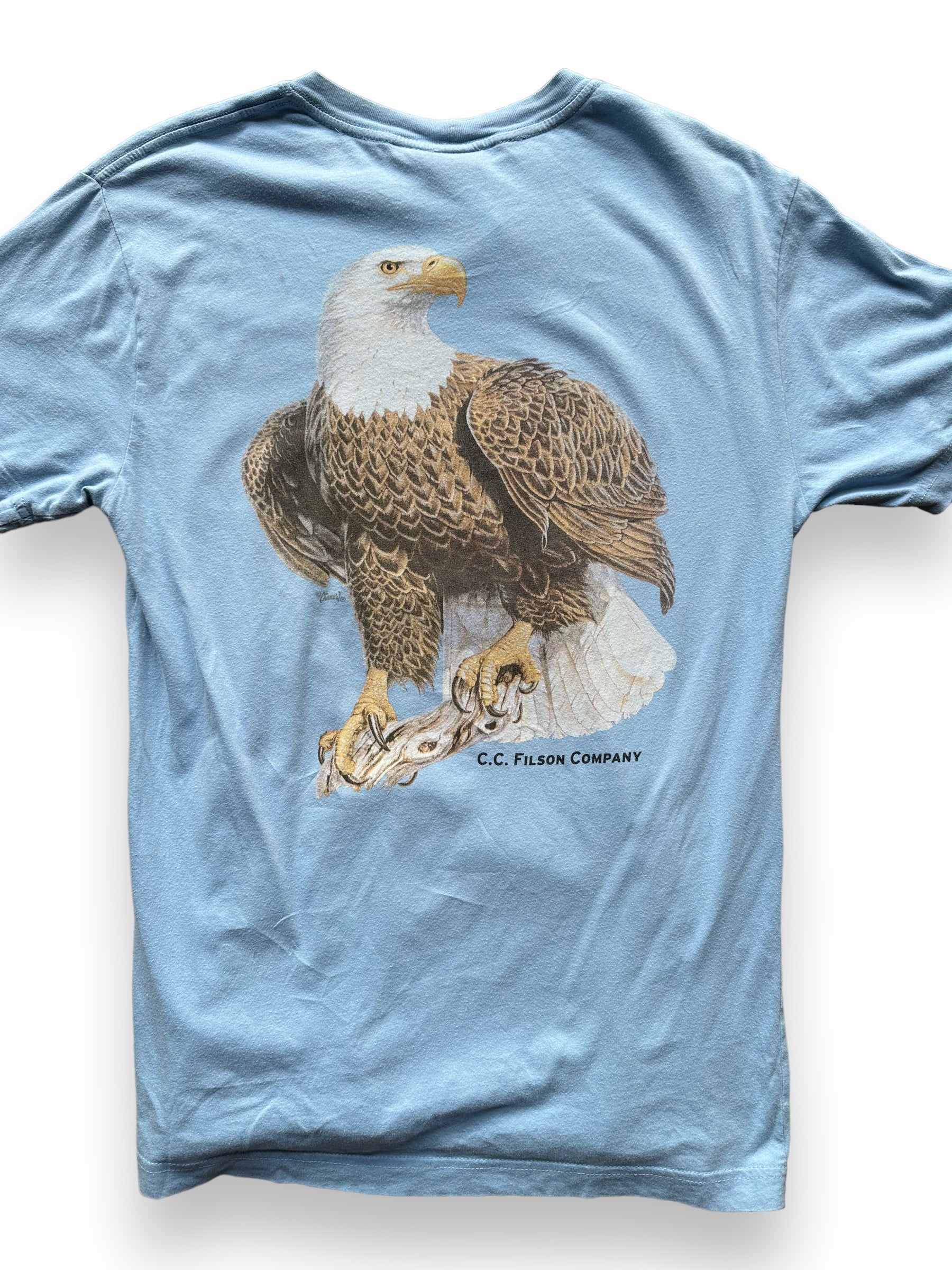 Rear Detail on Light Blue Filson Eagle Graphic Tee SZ XS |  Barn Owl Vintage Goods | Vintage Filson Workwear Seattle