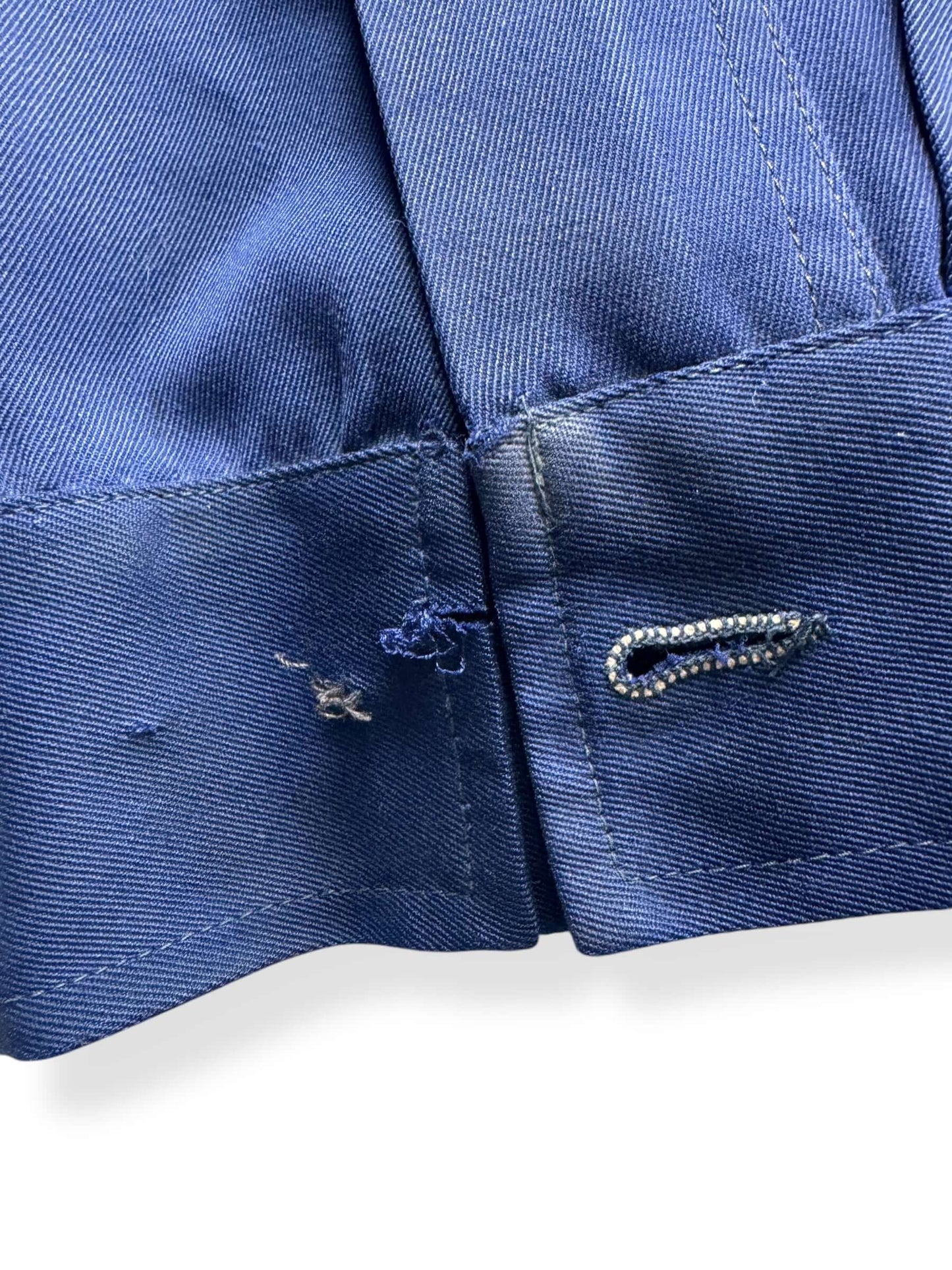 Missing Button on Cuff of Vintage Unitog Koratron Blue Shop Jacket SZ 48