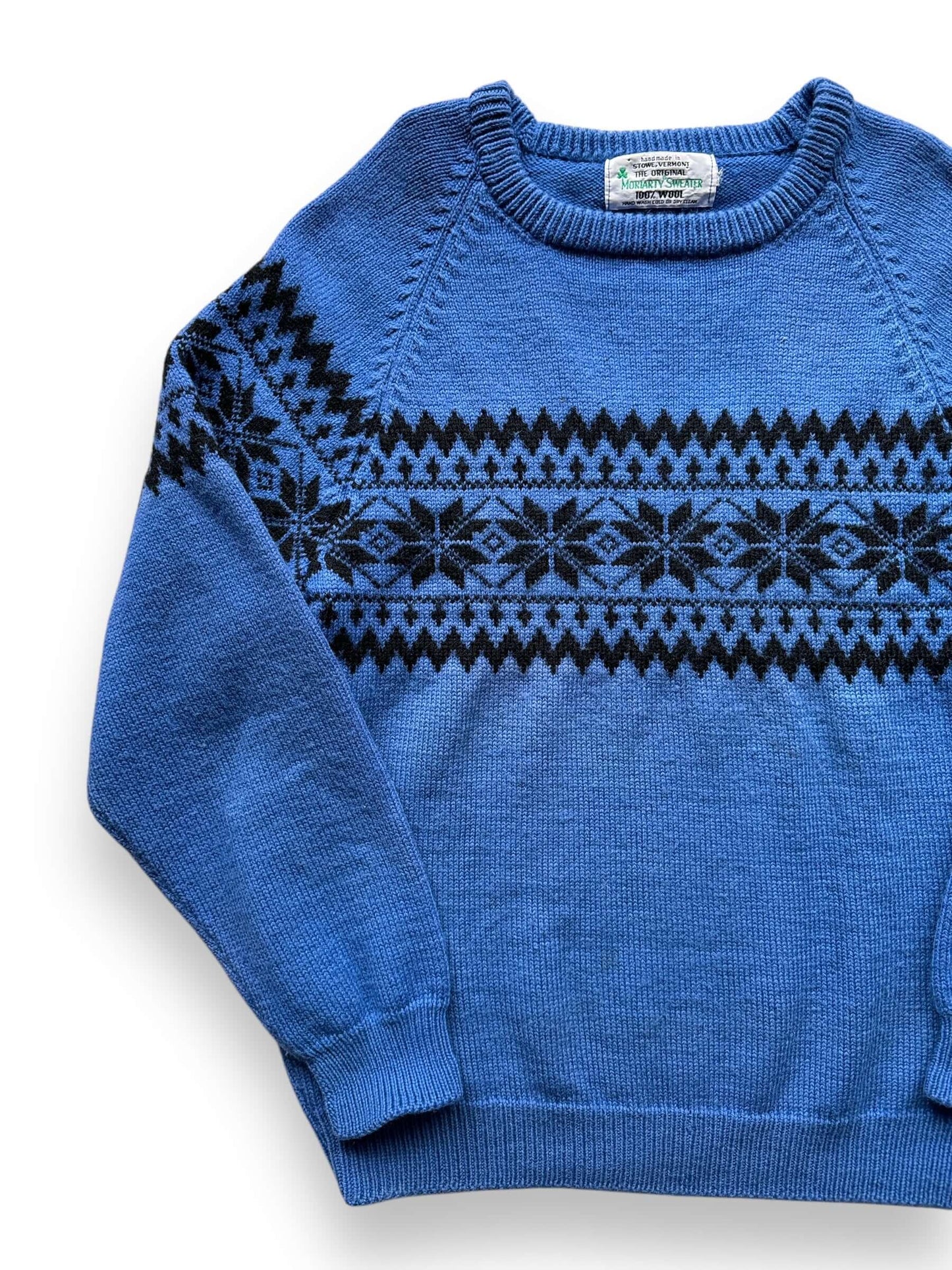 front right of Vintage Moriarty Blue Festive Wool Knit Sweater SZ M