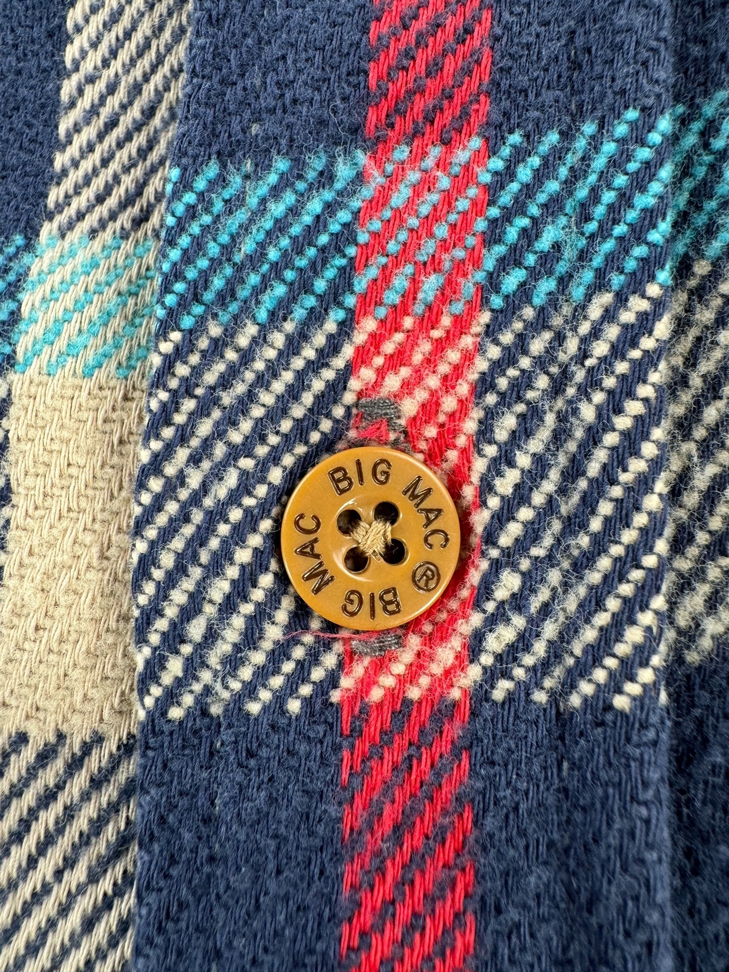 Button on Vintage Big Mac Navy Plaid Cotton Flannel SZ XL