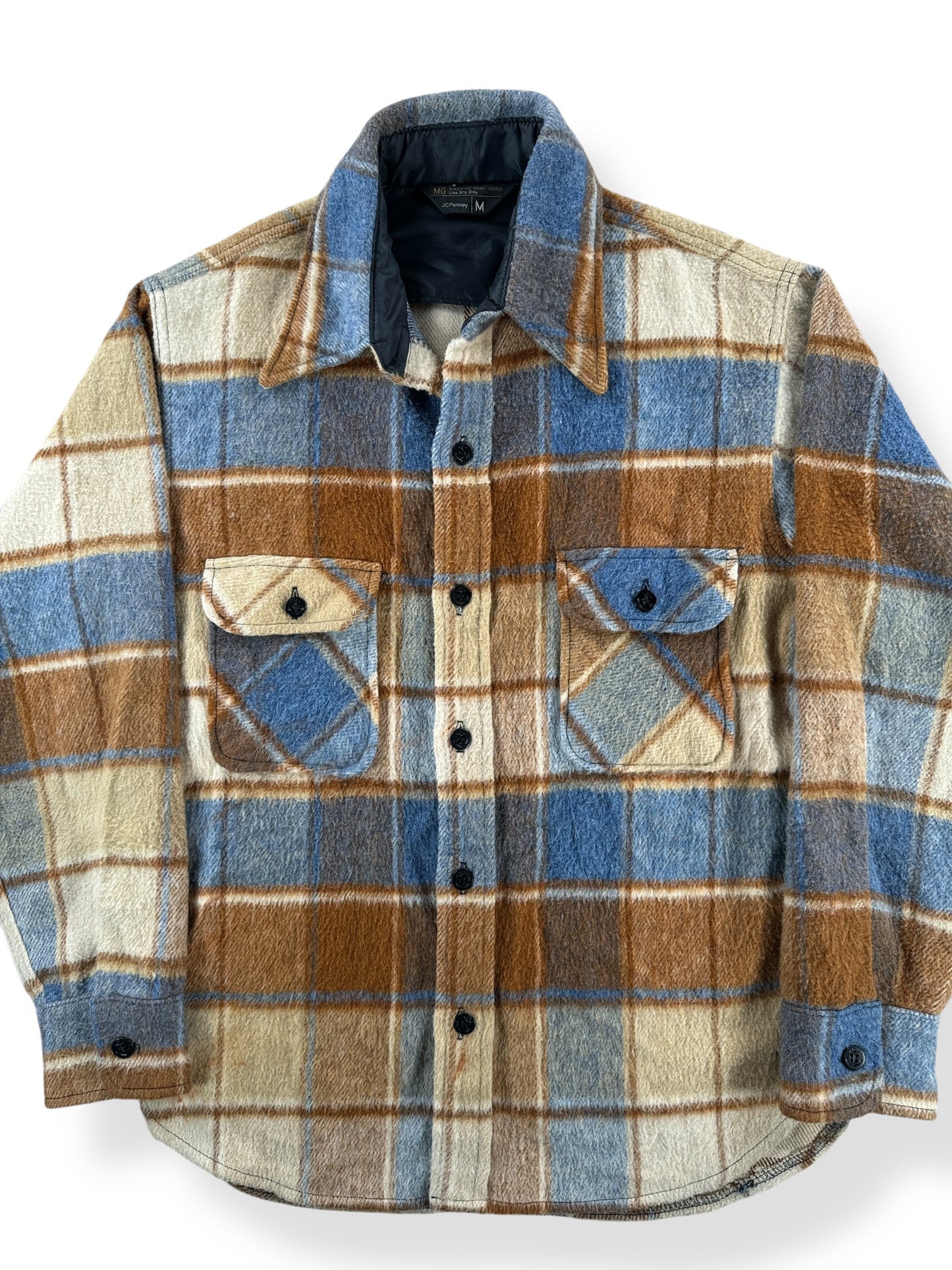 Front Close Up of Vintage JC Penney Blue and Beige CPO Flannel SZ M