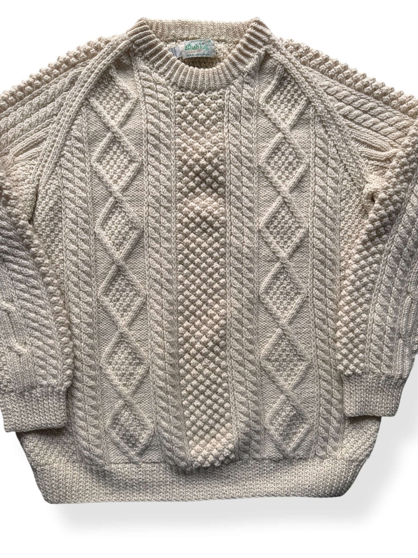 Front Close Up of Vintage Sliab Liag Cream Irish Cable Knit Fishermans Sweater SZ XL