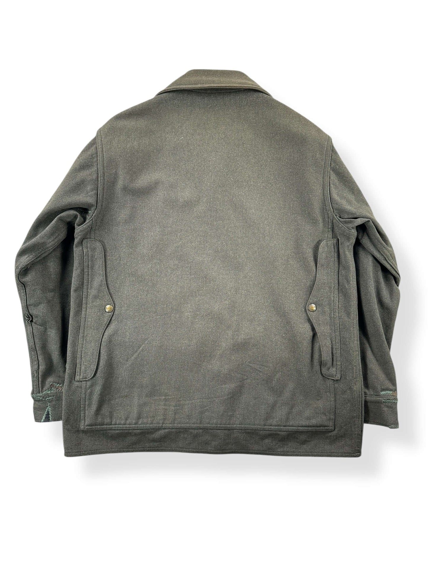 Back of Vintage 60’s Filson Green Wool Mackinaw Jacket W/ Repairs SZ L