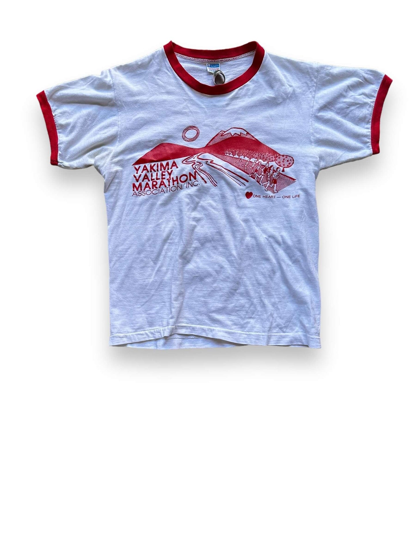 Front View of Vintage Yakima Valley Half Marathon Champion Blue Bar Tee SZ M | Vintage Champion Ringer Tee Seattle | Barn Owl Vintage