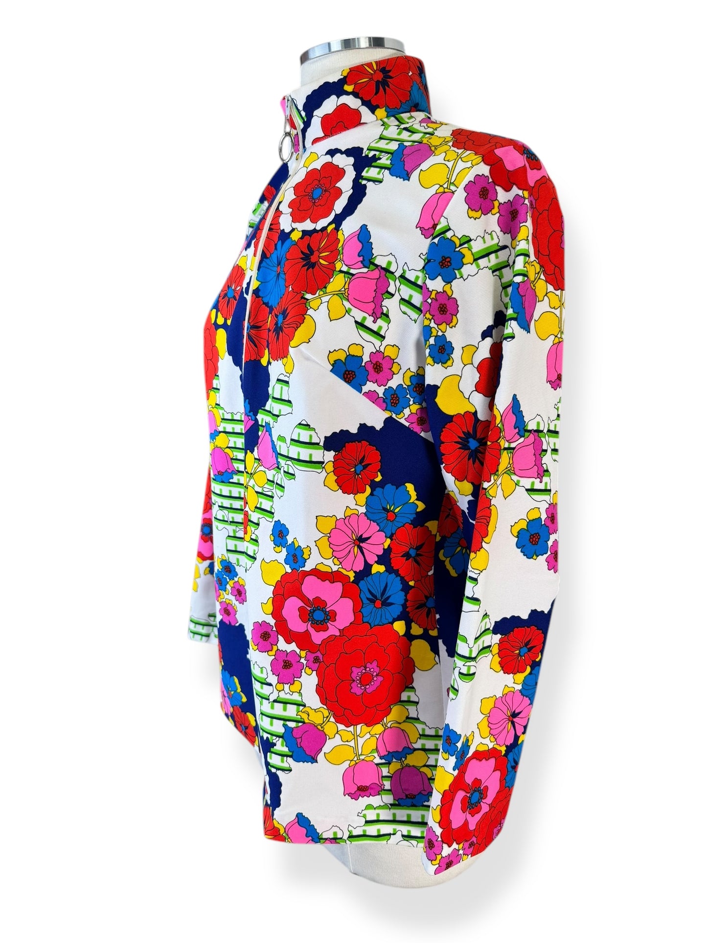 Side view of 1960s Terry of Chicago Floral Poly Zip Up M
