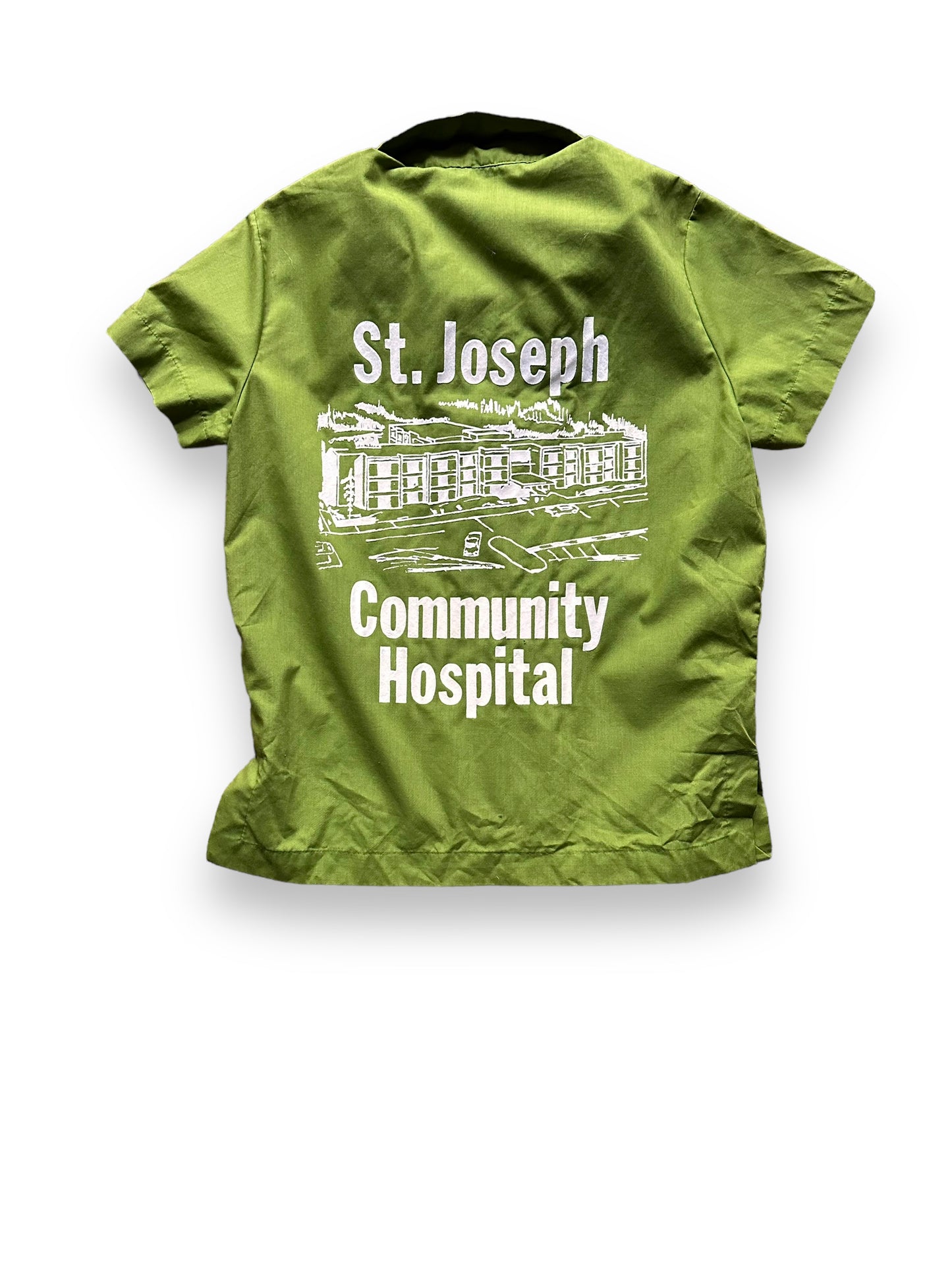 back of Vintage St. Josephs Community Hospital Flocked Ladies Bowling Shirt SZ L | Vintage Bowling Shirt Seattle | Barn Owl Vintage Seattle