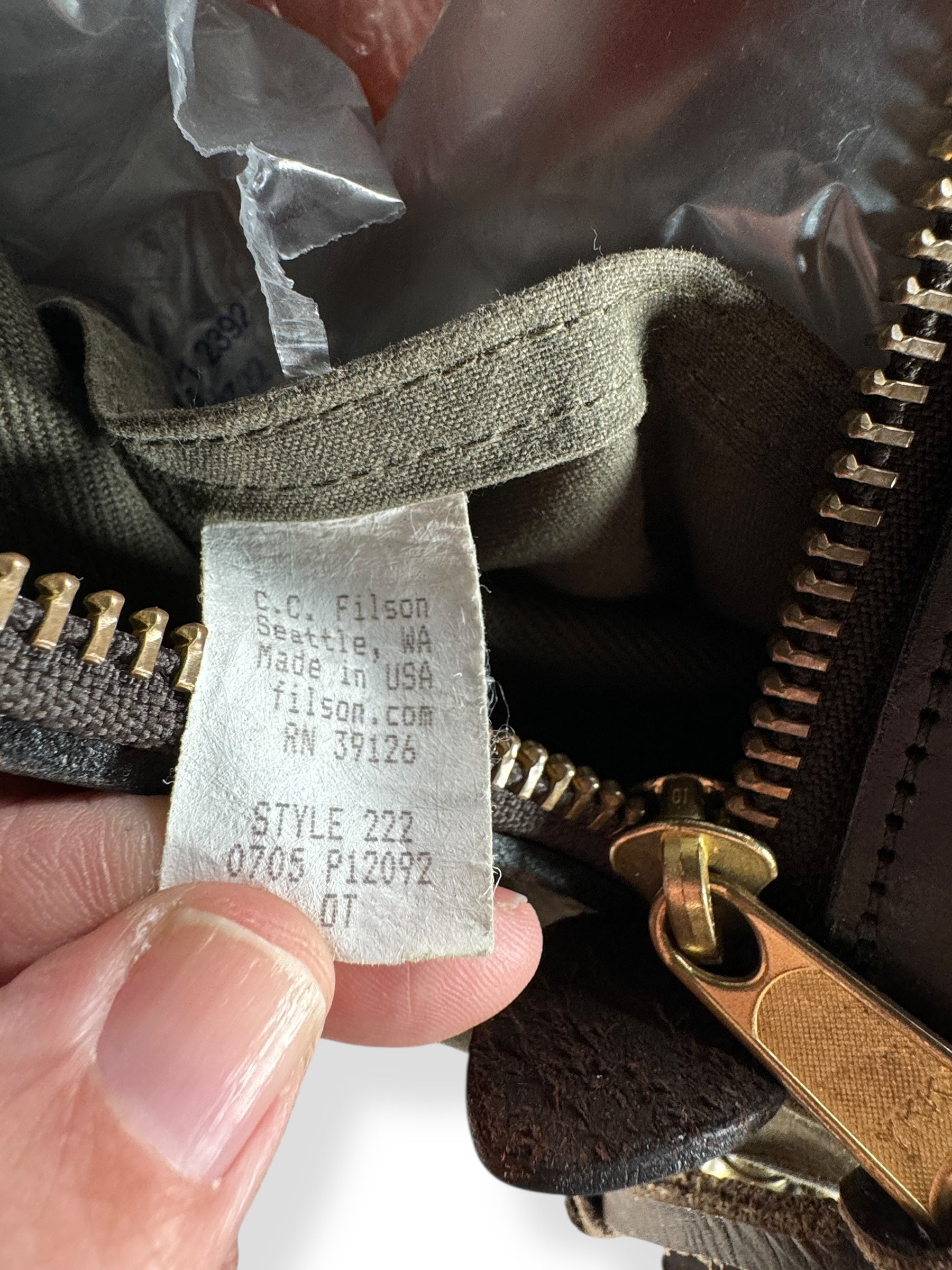 Production Tag View on Filson Otter Green Rugged Twill Medium Duffle