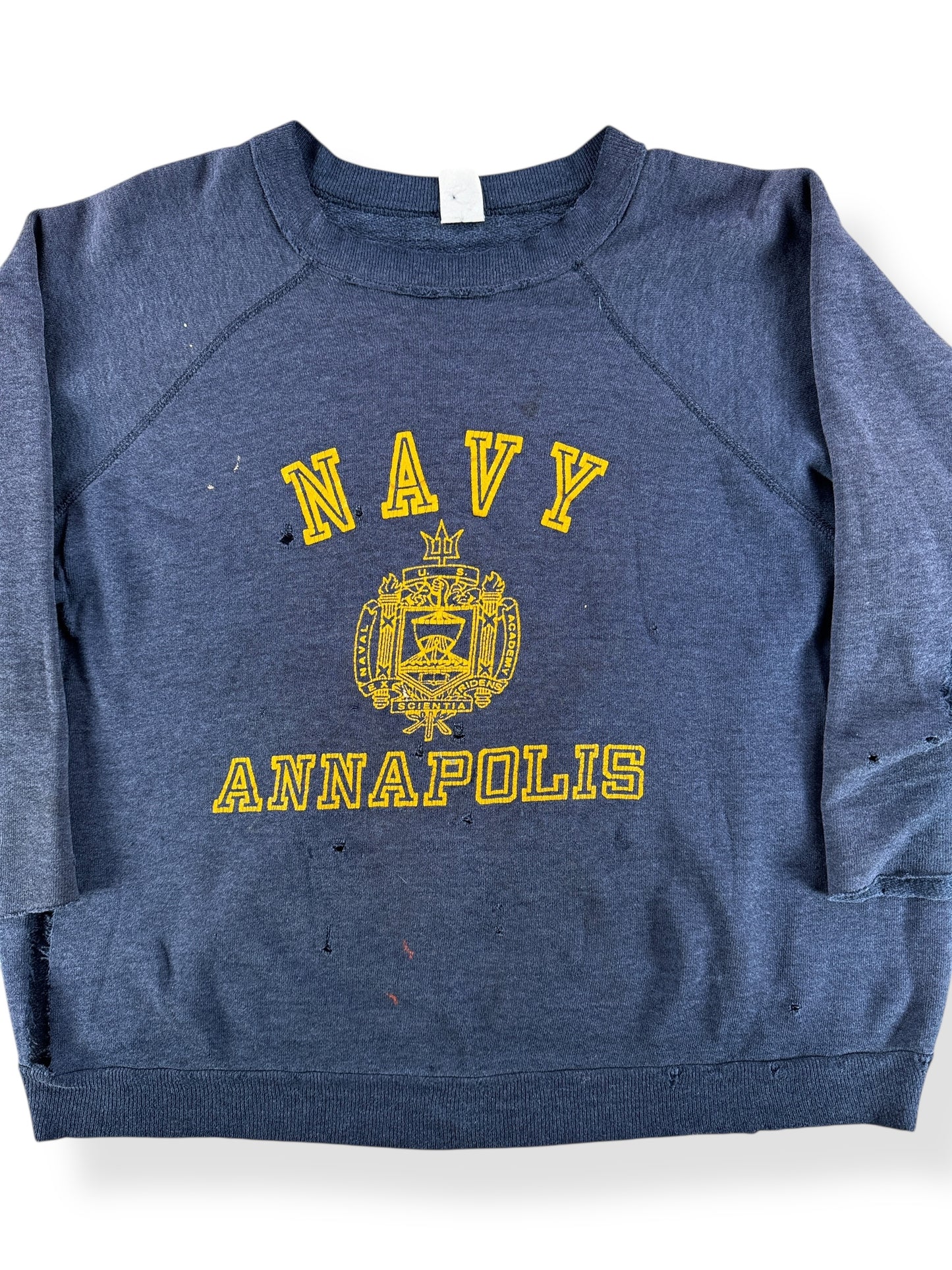 Front Close Up of Vintage Chopped Up Navy Annapolis Sweatshirt SZ L