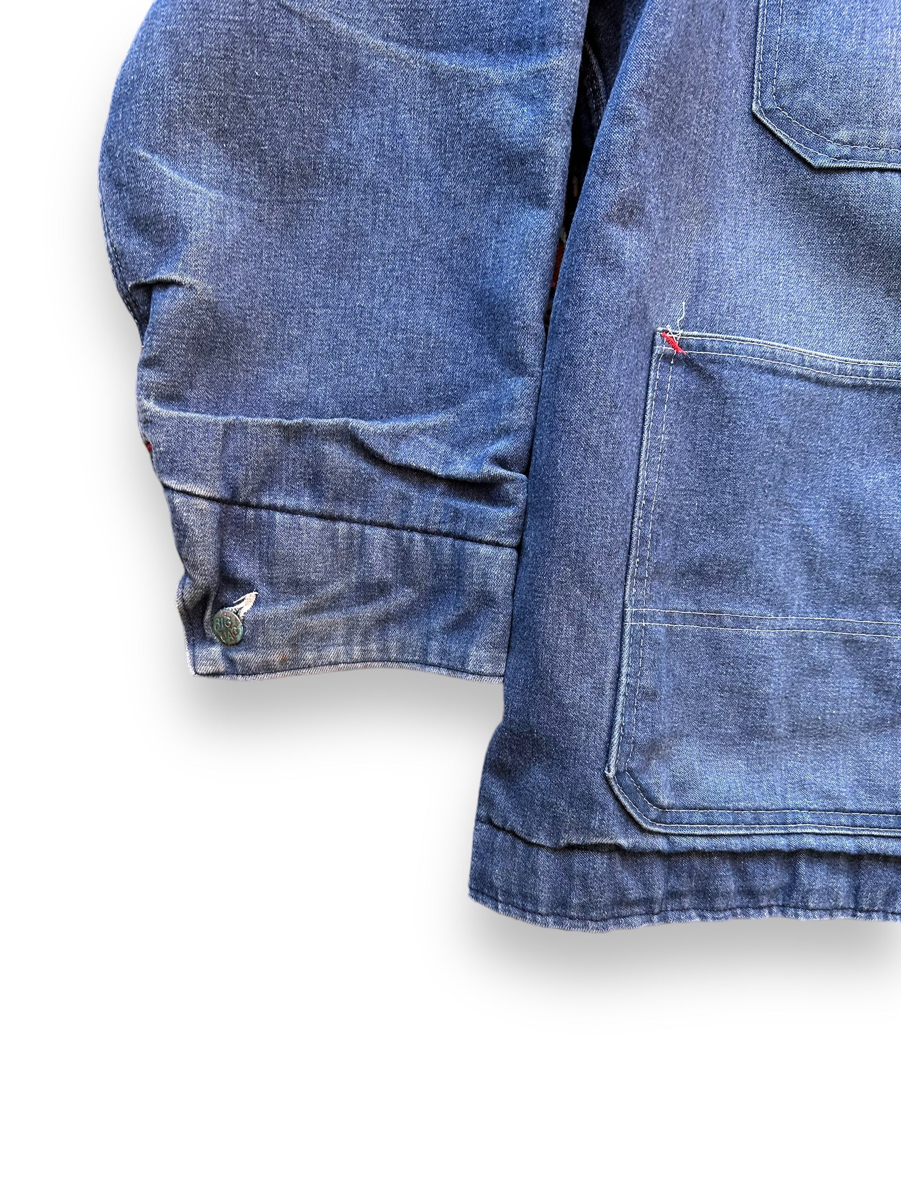 Some Tarnishing on Right Cuff Button on Vintage Big Mac Blanket Lined Denim Chore Coat SZ XL | Vintage Denim Chore Coat | Barn Owl Vintage Seattle