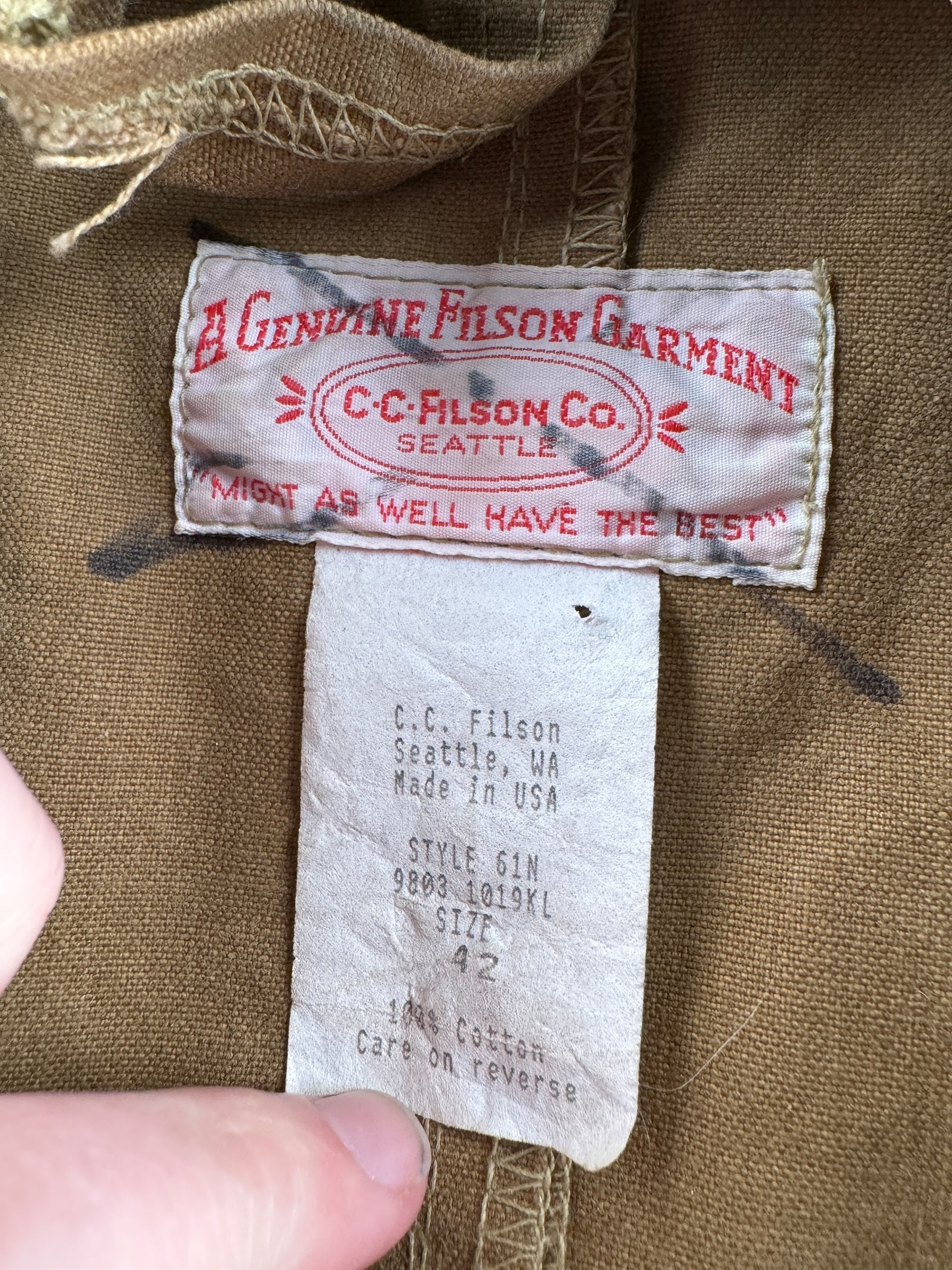 Label on Vintage Filson Tin Cloth Packer Jacket SZ 42