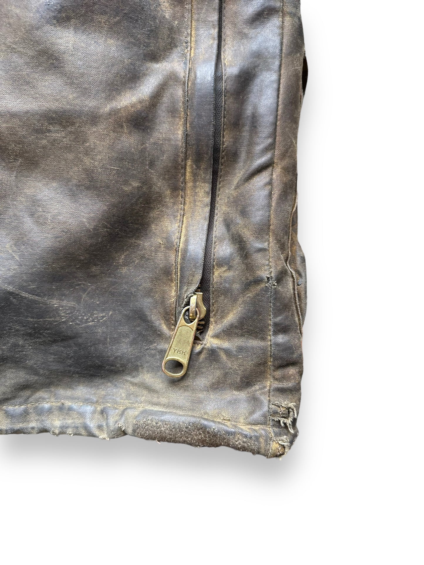 Lower Right Rear Zipper View of Filson Nasty Boy Tin Cloth Field Jacket SZ 42 | Filson Tin Cloth Jacket | Vintage Workwear Seattle