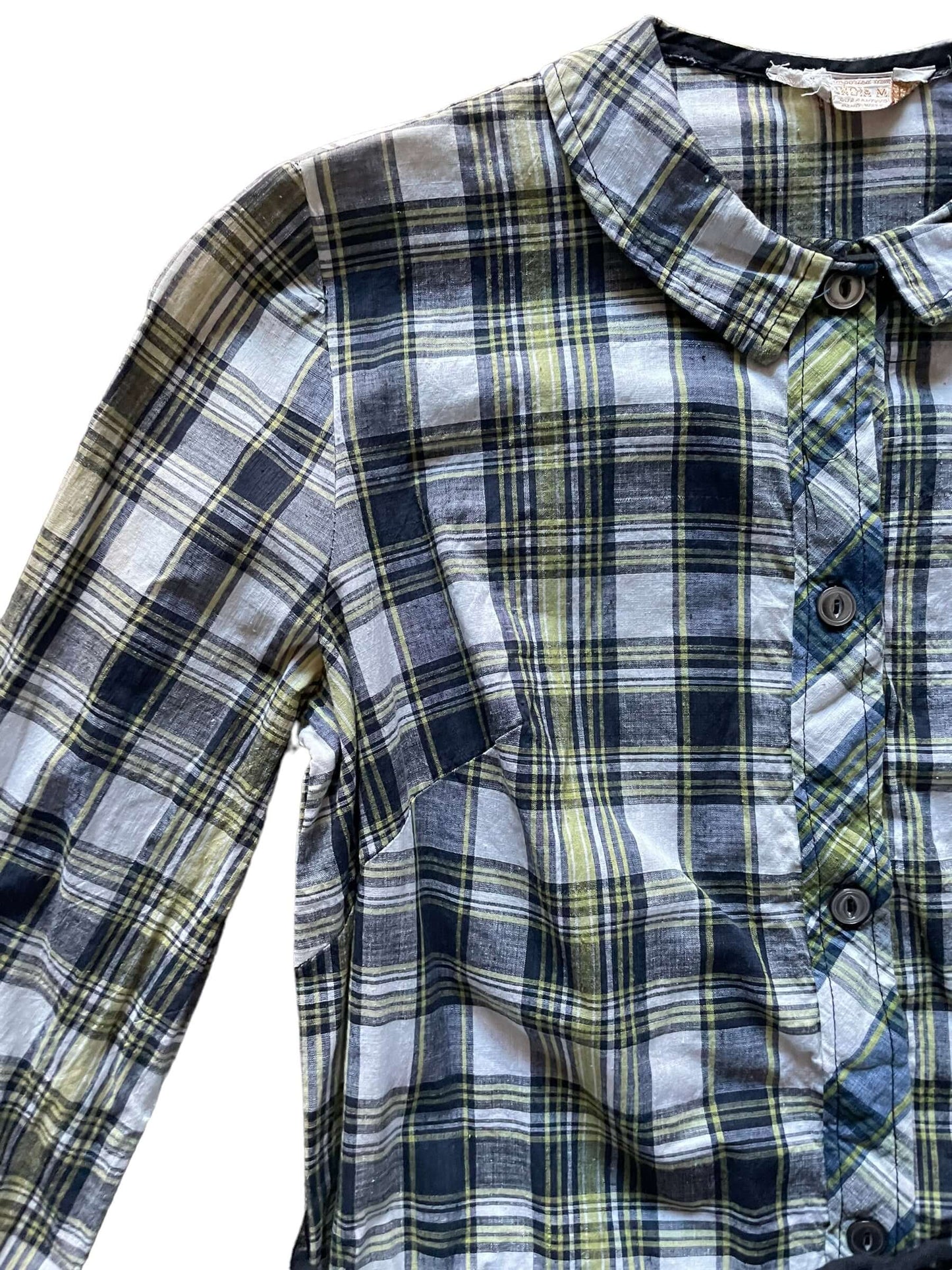 Front tp right side view of Vintage 1960s Plaid Madras Shirt Dress | Seattle True Vintage | Barn Owl Ladies Clothing