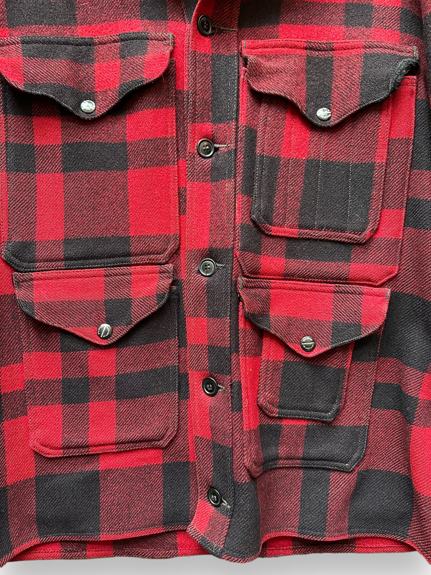 Enameled Snap View of Vintage 1920s-30s Era FilClo Filson Mackinaw Cruiser SZ XL | FilClo Vintage Workwear | Barn Owl Vintage Seattle