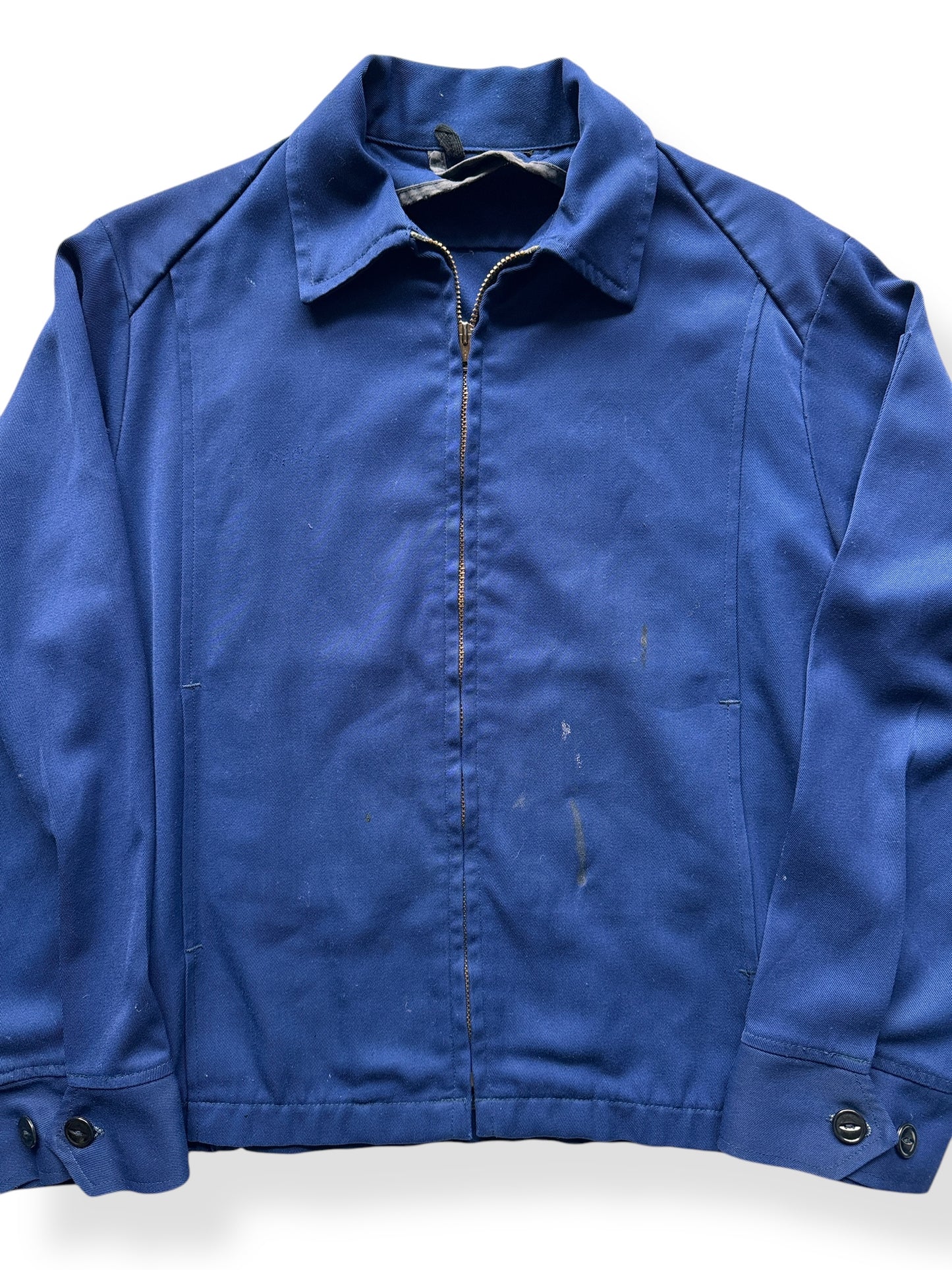 Front Close Up of Vintage Unitog Koratron Blue Shop Jacket SZ 48