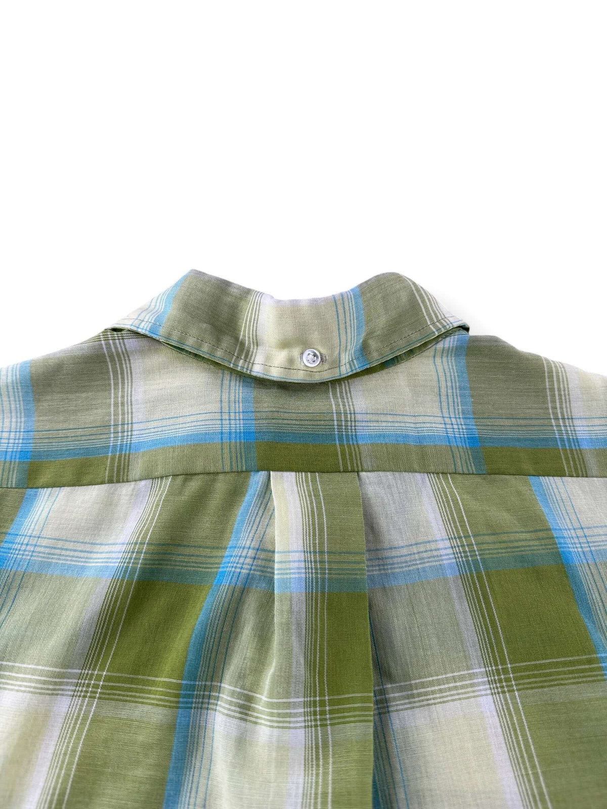 Back collar on Vintage 60s Towncraft Green Plaid SS Button Up Shirt SZ M