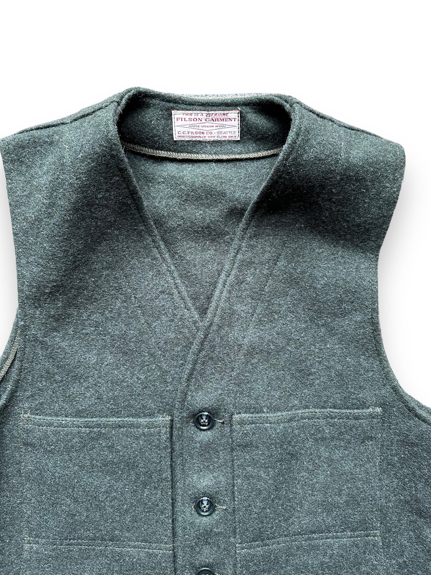 Upper Front View of Filson Forest Green Mackinaw Vest SZ M | Barn Owl Vintage Goods | Vintage Filson Workwear Seattle