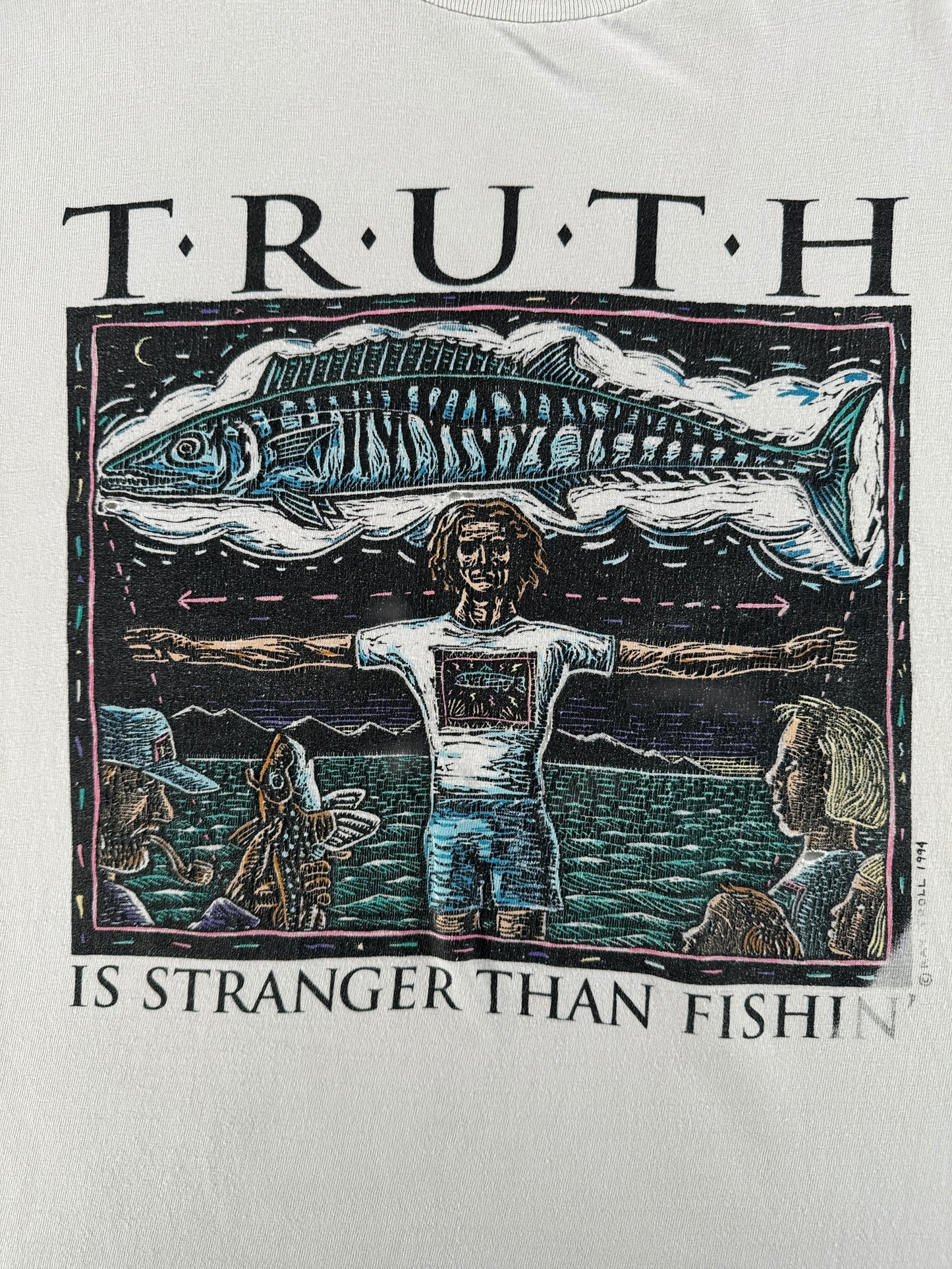 Front Graphic of Vintage Ray Troll Truth is Stranger than Fishin Tee SZ XL