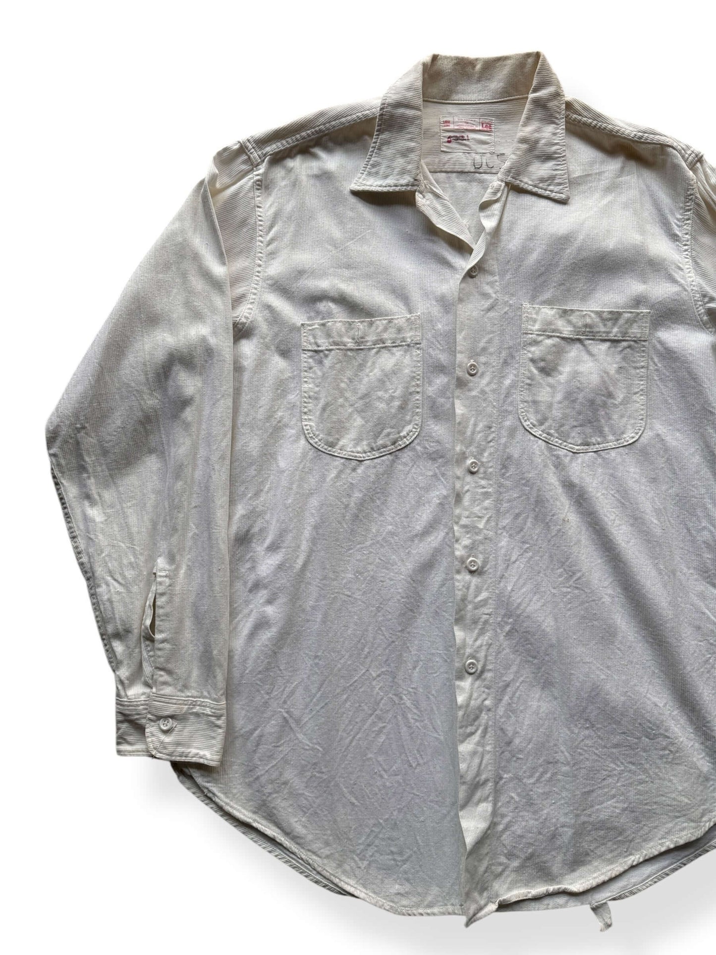 Front Right of Vintage Lee White Pique Cloth Sanforized Work Shirt SZ L Long