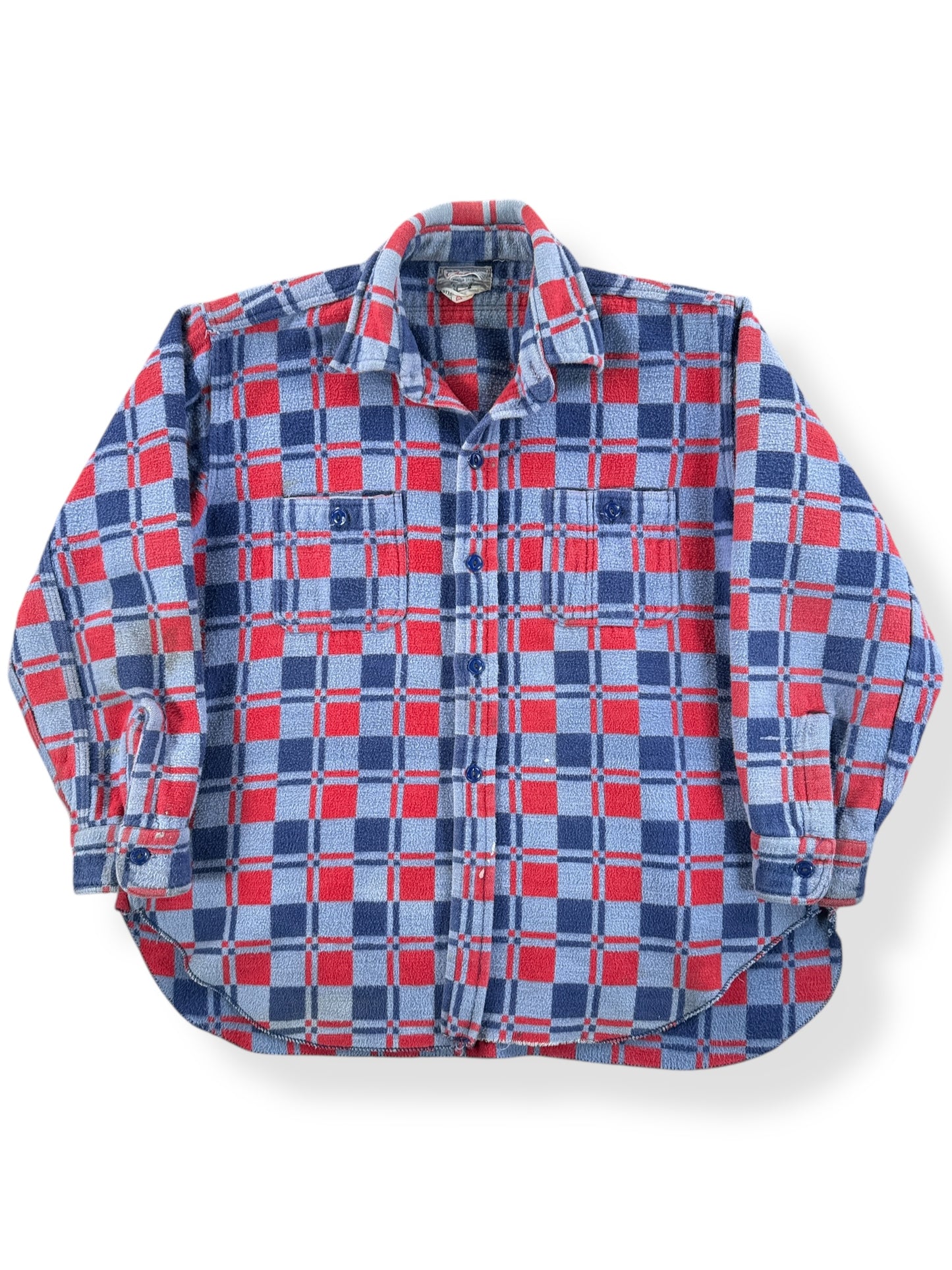 Front of Vintage Red & Blue Champion Cotton Camp Blanket Flannel SZ M