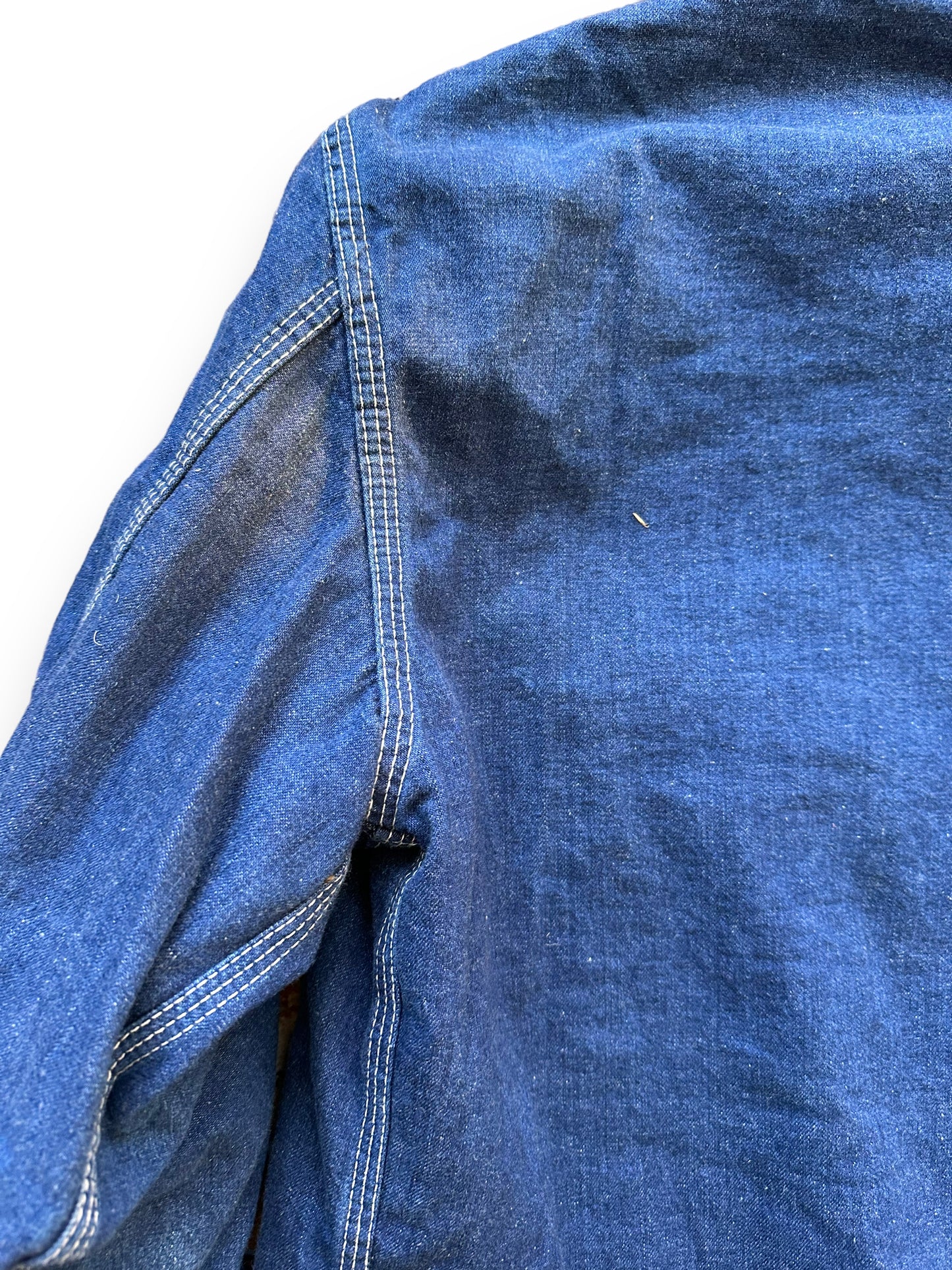 Sun Fading on Left Shoulder of Vintage Sears Blanket Lined Denim Chore Coat SZ L | Vintage Denim Chore Coat | Barn Owl Vintage Seattle