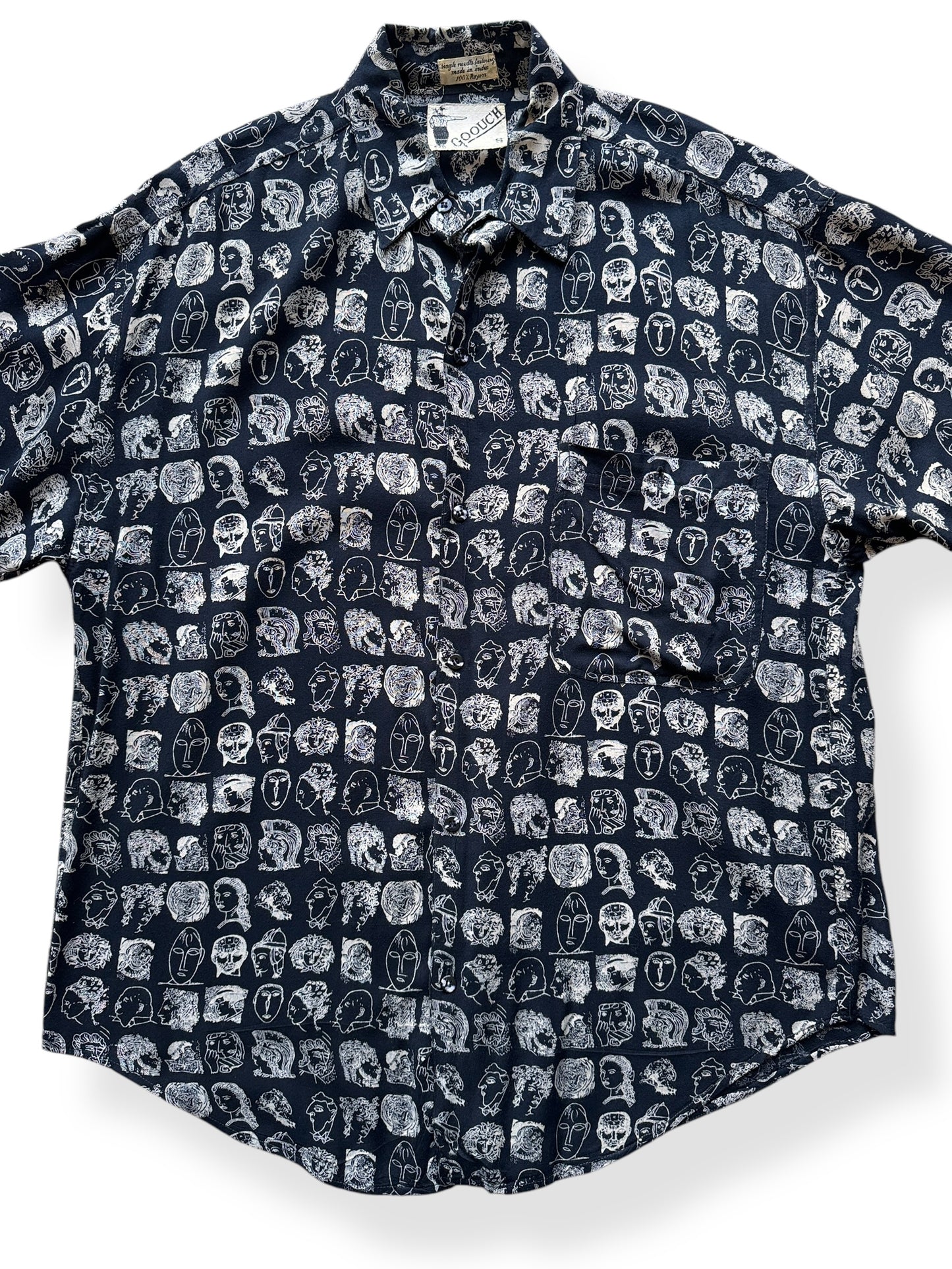 Front Close Up of Vintage Goouch Rayon Patterned Short Sleeve Shirt SZ S