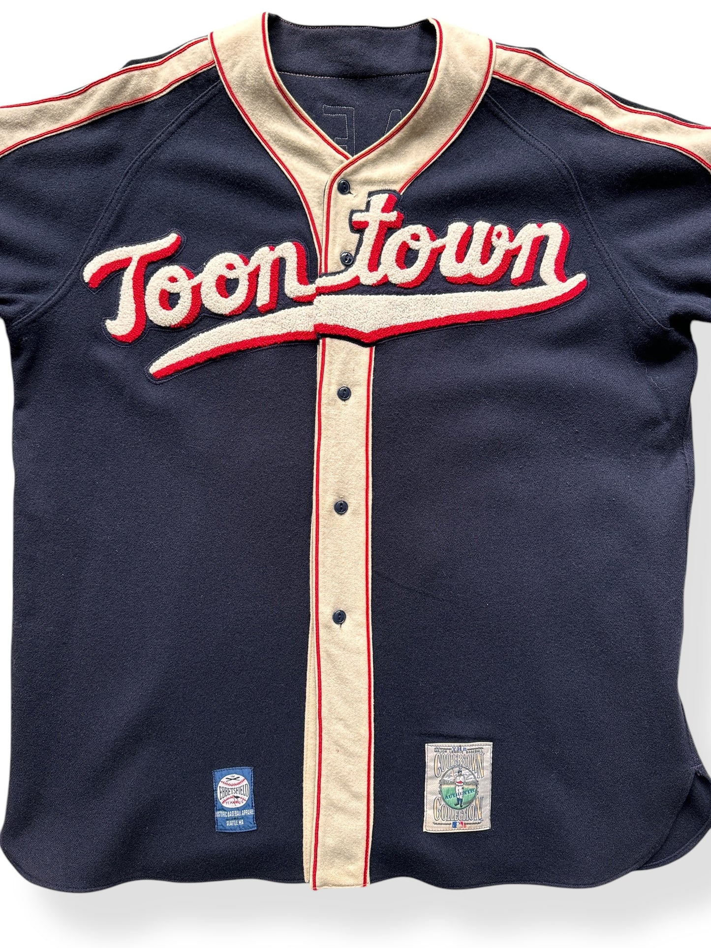 Front Close Up of Ebbets Field X Toon Town Wool Jersey SZ XXL