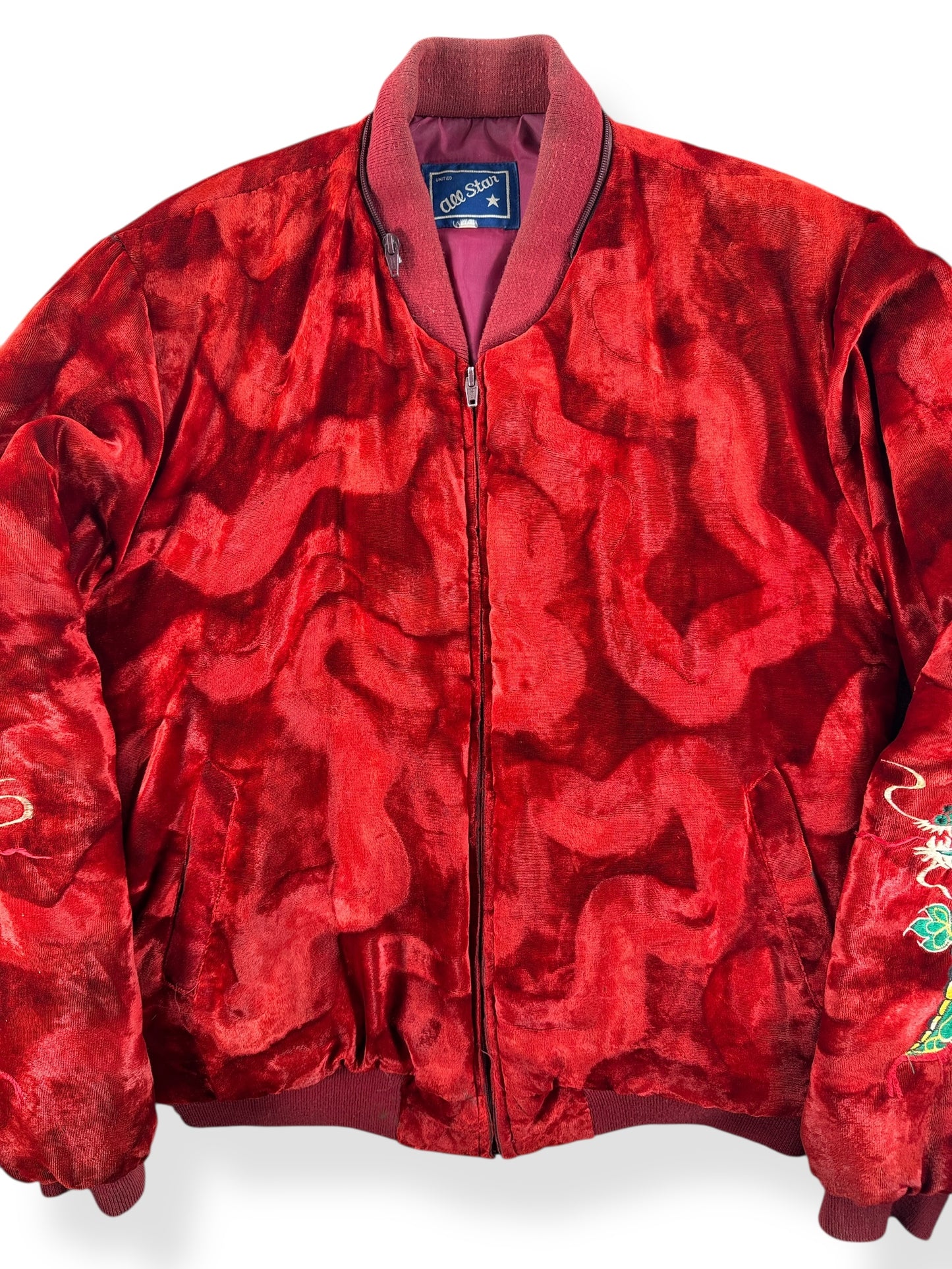 Front Close Up of Vintage 80s Era Velvet Korea Souvenir Bomber Jacket SZ L