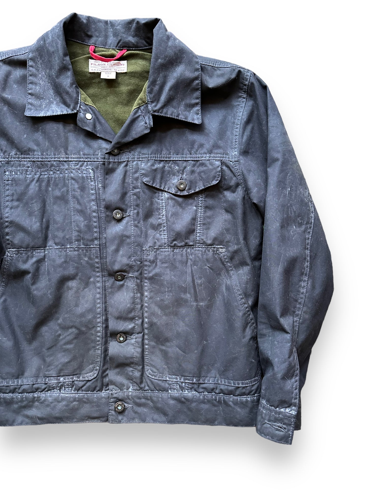 Front Left View of Filson Black Short Lined Tin Cloth Cruiser SZ M |  Barn Owl Vintage Goods | Vintage Filson Workwear Seattle