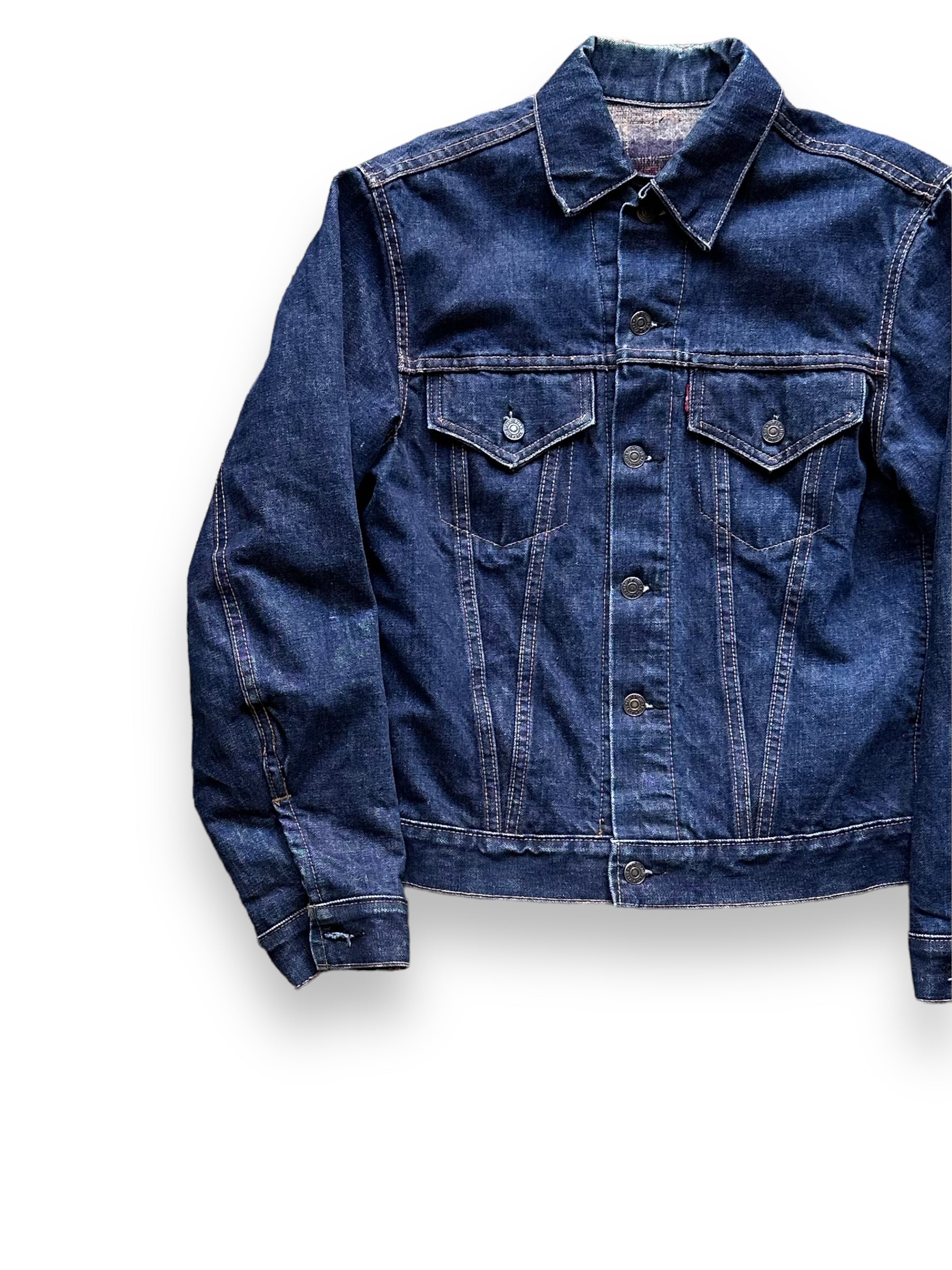 Front Right View of Vintage Levi's Big E Blanket Lined Type III Trucker SZ S | Vintage Denim Workwear Seattle | Seattle Vintage Denim