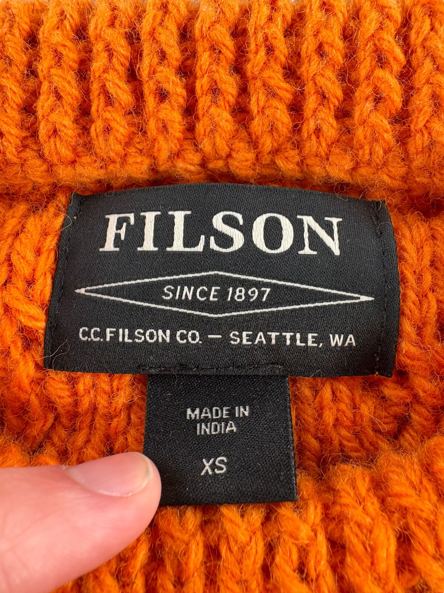 Tag on Modern Filson Orange Fishermen's Sweater SZ XS